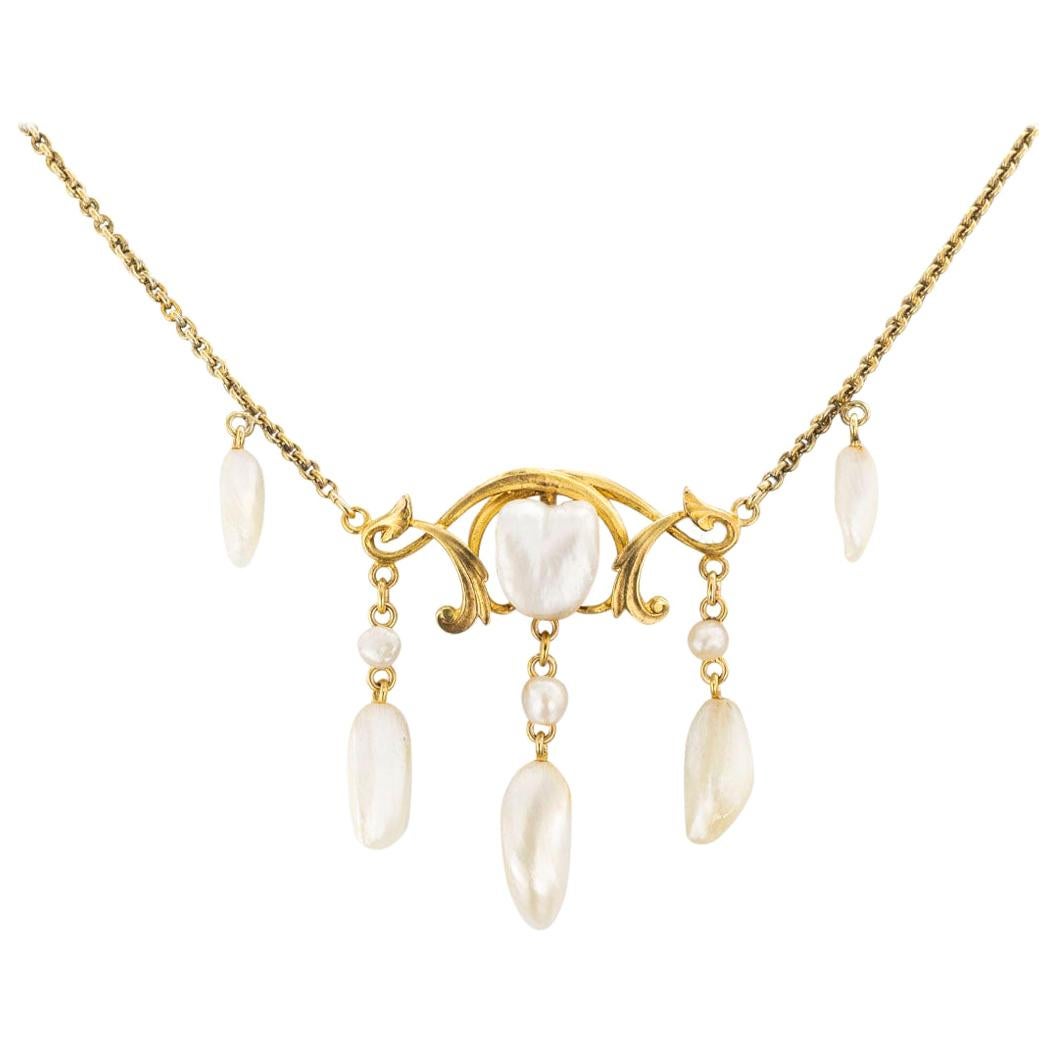 Art Nouveau Freshwater Pearl Yellow Gold Necklace