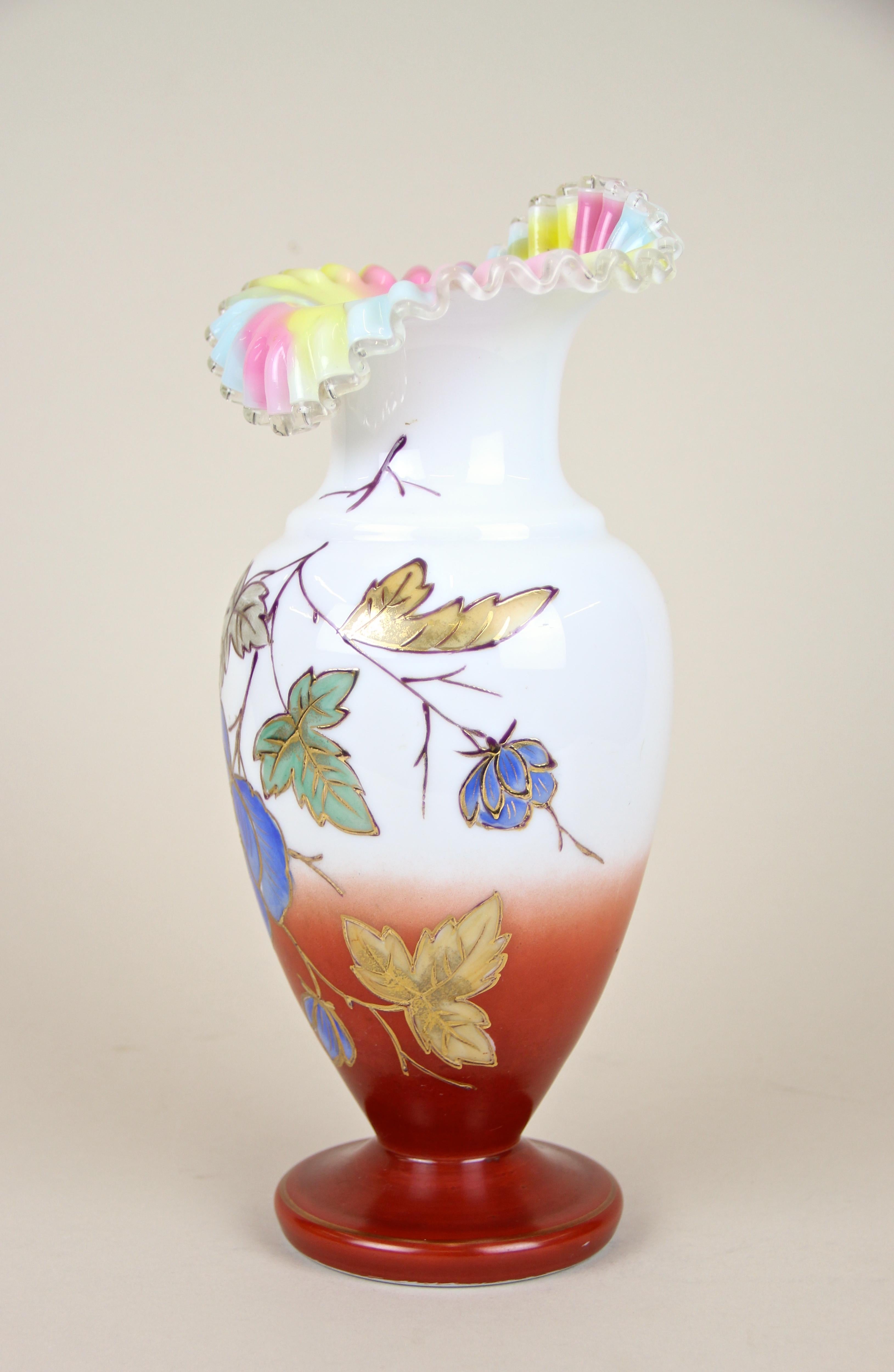 Hand-Painted Art Nouveau Frilly Glass Vase with Enamel Paintings, Austria, circa 1900 For Sale