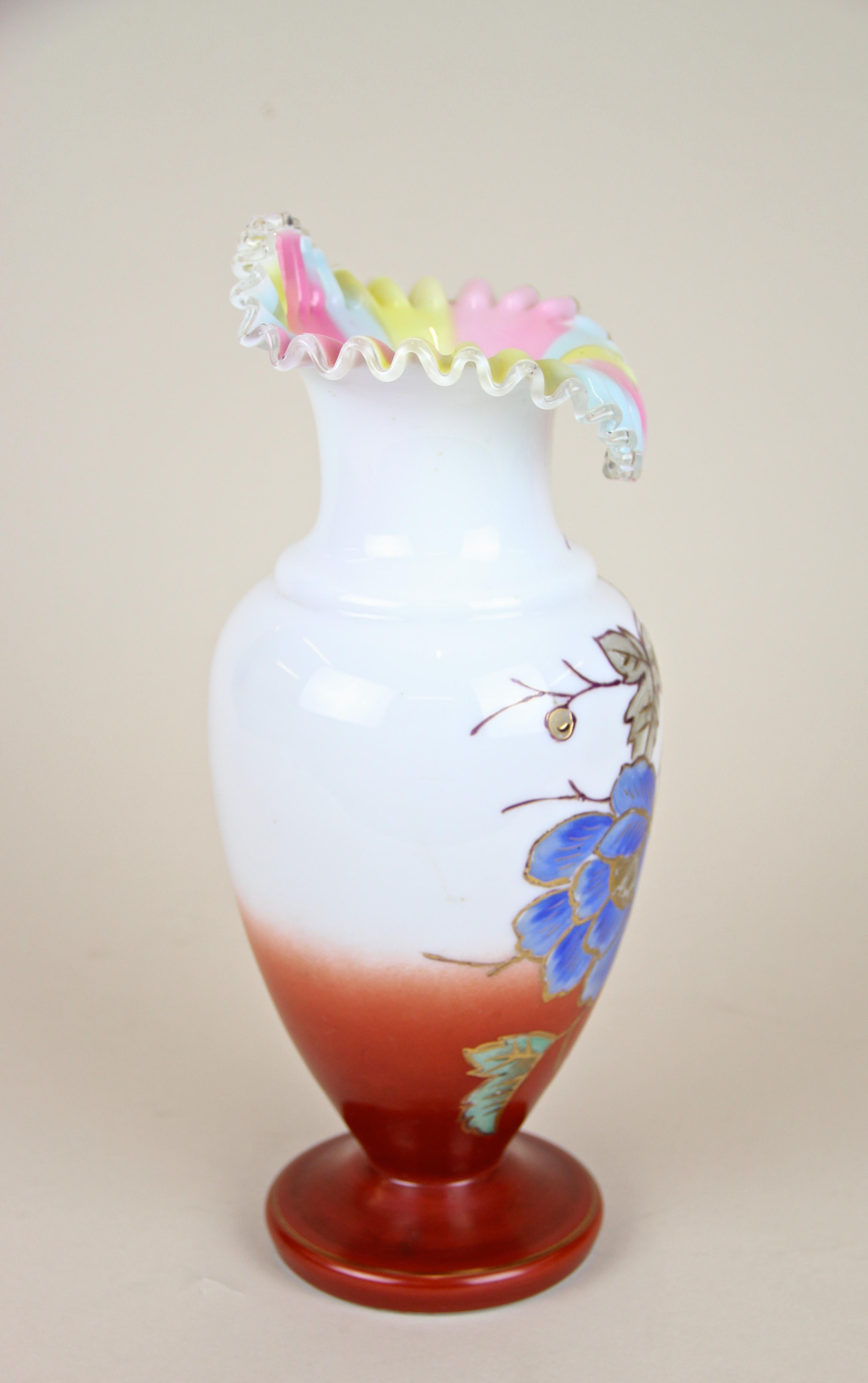 20th Century Art Nouveau Frilly Glass Vase with Enamel Paintings, Austria, circa 1900 For Sale