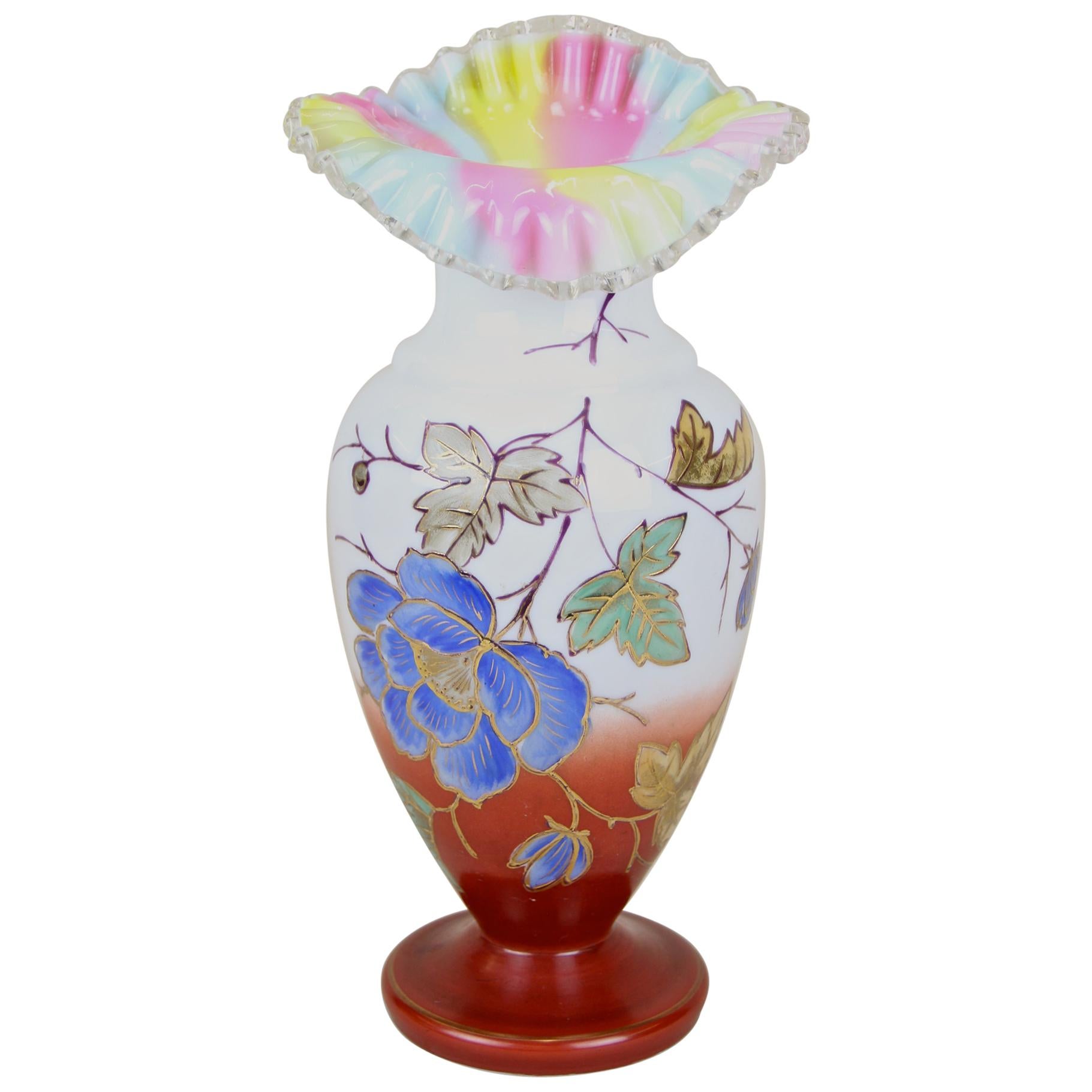 Art Nouveau Frilly Glass Vase with Enamel Paintings, Austria, circa 1900