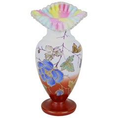 Art Nouveau Frilly Glass Vase with Enamel Paintings, Austria, circa 1900