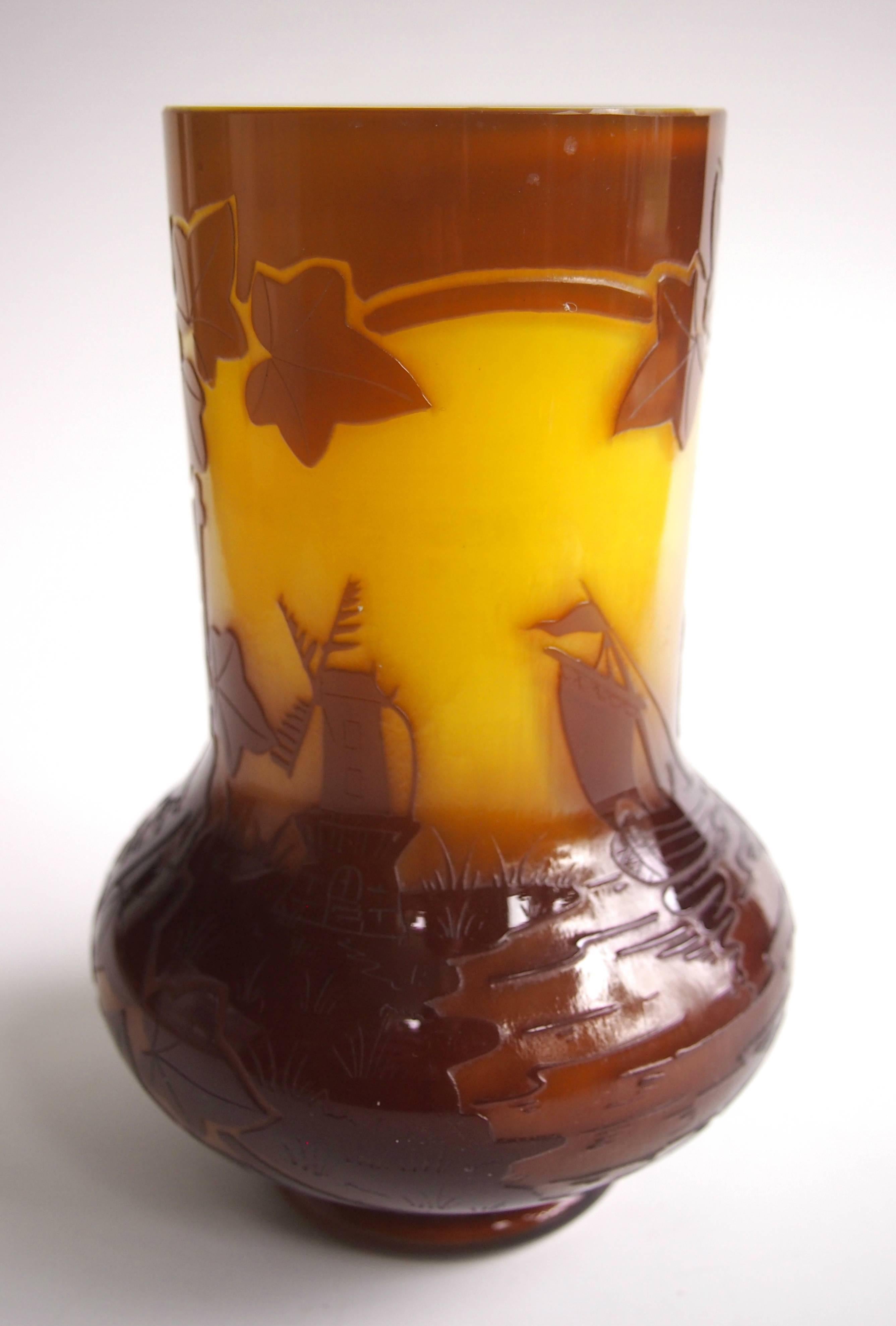 Impressive Art Nouveau signed Fritz Heckert cameo vase in brown over yellow depicting ivy leaves, a windmill and a sailing ship. Designed by Otto Thamm - Fritz's Son-in-law and at the time managing director of the company. (Signed Heckert see image