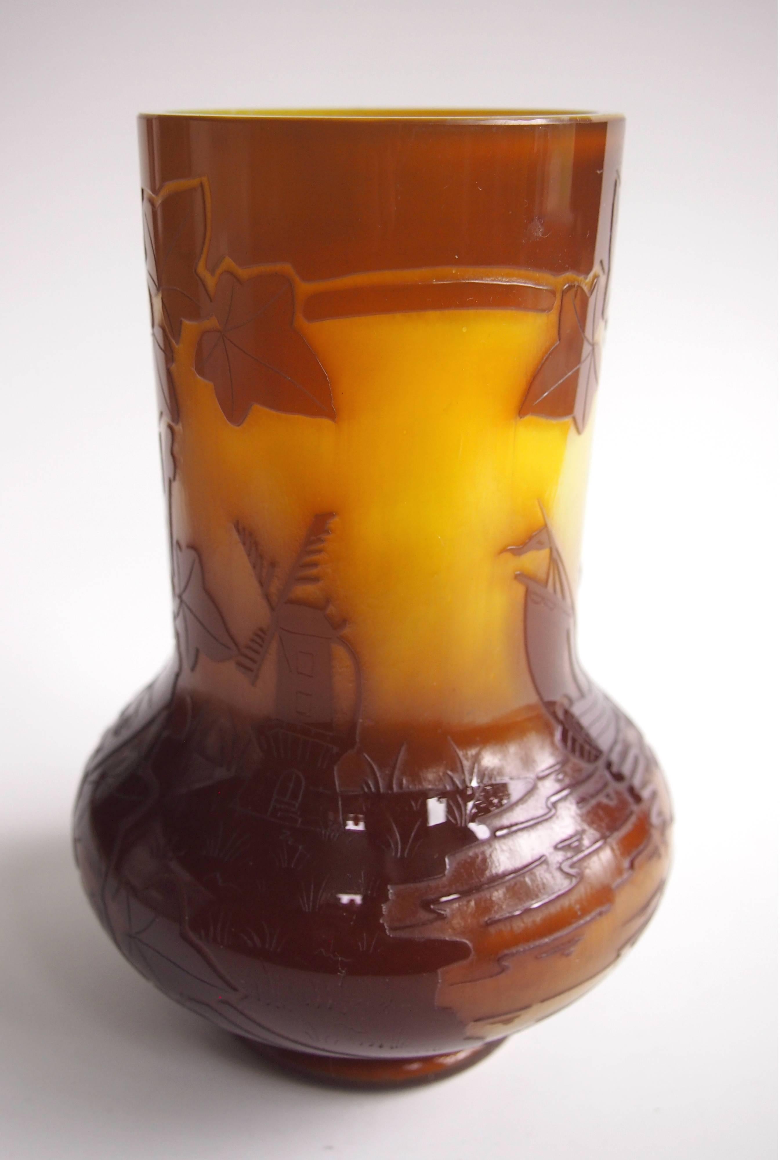 German Art Nouveau Fritz Heckert Windmill and Sailing Ship Cameo Glass Vase In Good Condition For Sale In London, GB