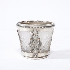 Art Nouveau Frosted Glass Cachepot w/ Foliate Sterling Overlay by Emile Lanlois