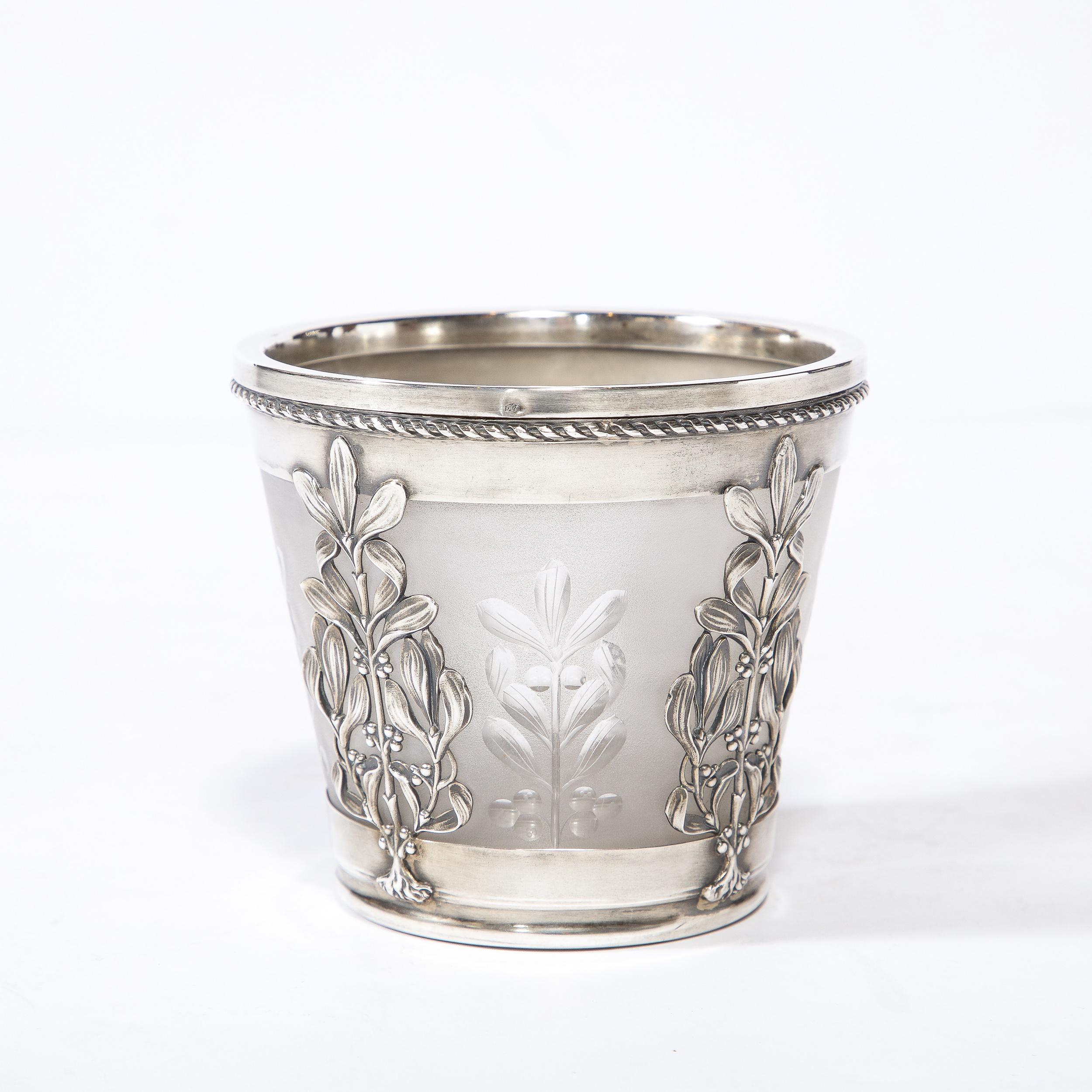 French Art Nouveau Frosted Glass Cachepot w/ Foliate Sterling Overlay by Emile Lanlois For Sale