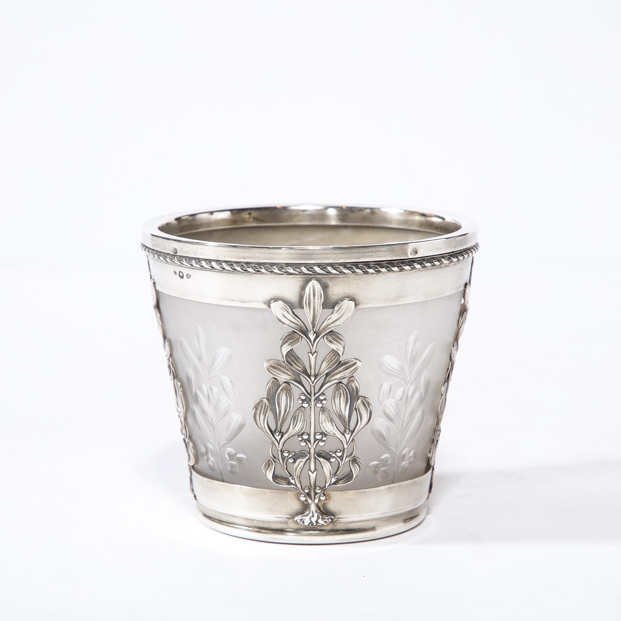 Art Nouveau Frosted Glass Cachepot w/ Foliate Sterling Overlay by Emile Lanlois In Good Condition For Sale In New York, NY
