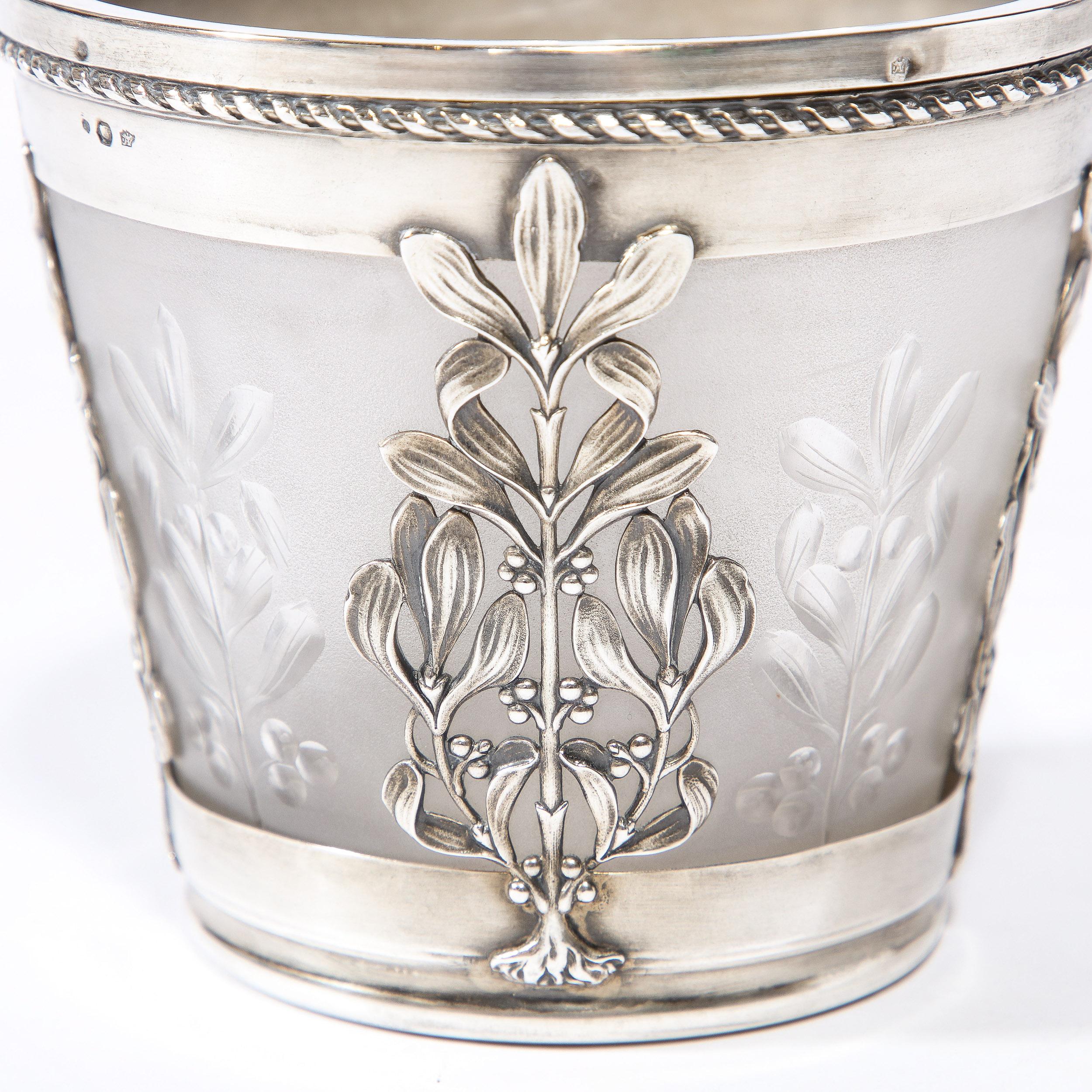 Art Nouveau Frosted Glass Cachepot w/ Foliate Sterling Overlay by Emile Lanlois For Sale 1