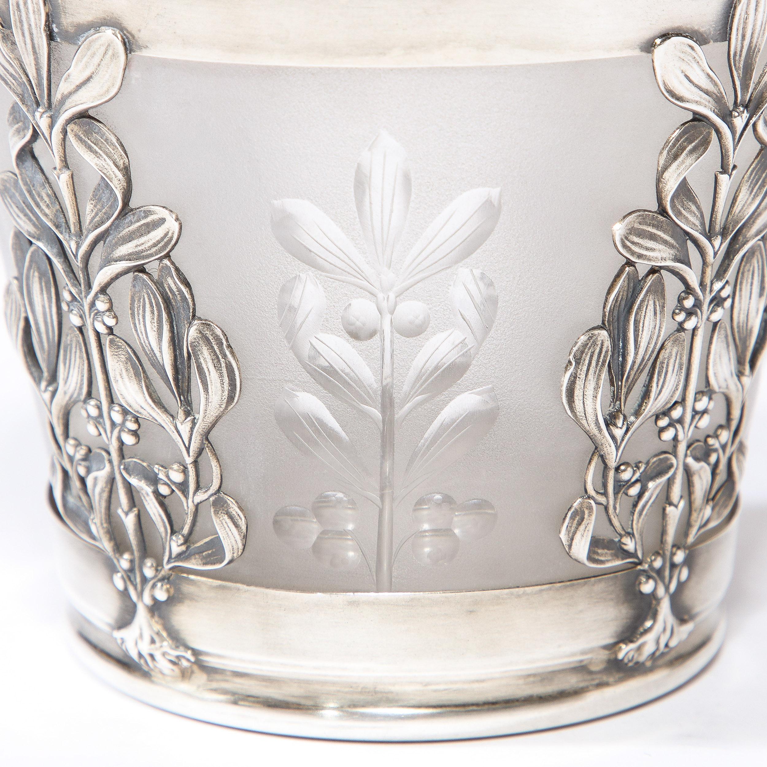 Art Nouveau Frosted Glass Cachepot w/ Foliate Sterling Overlay by Emile Lanlois For Sale 2