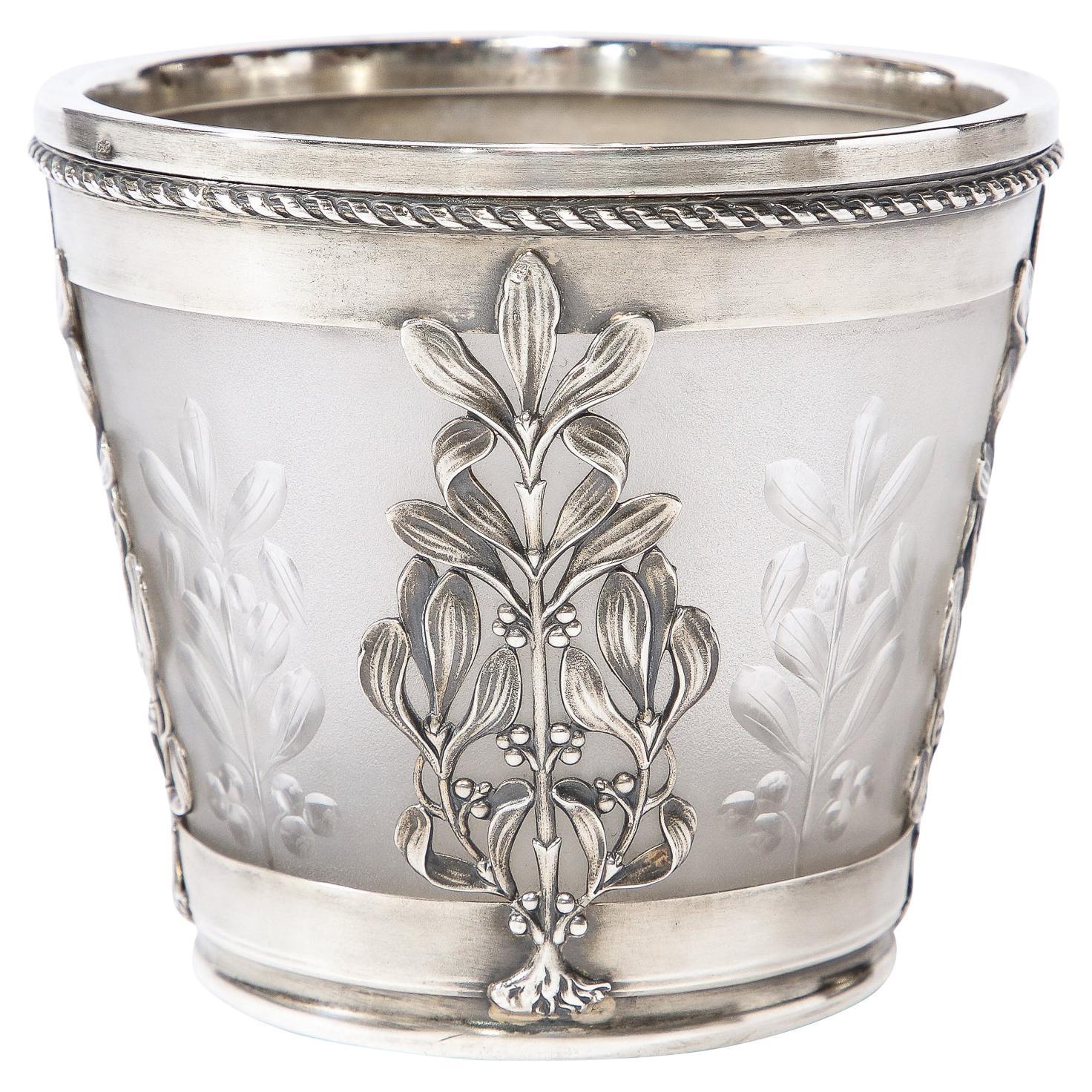 Art Nouveau Frosted Glass Cachepot w/ Foliate Sterling Overlay by Emile Lanlois For Sale