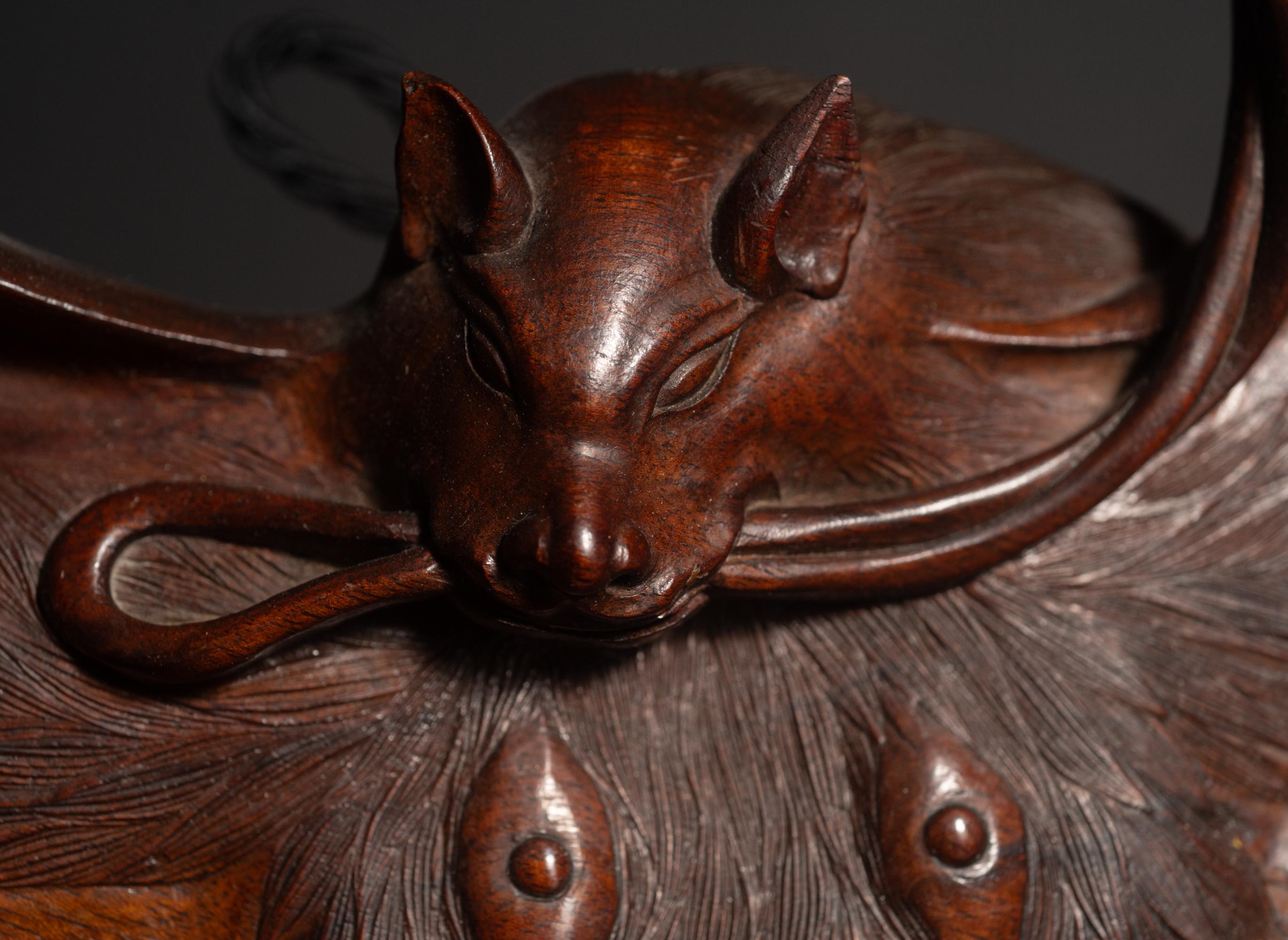 Hand-Carved Art Nouveau Fruitwood Bat Plaque by Gabriel Viardot For Sale
