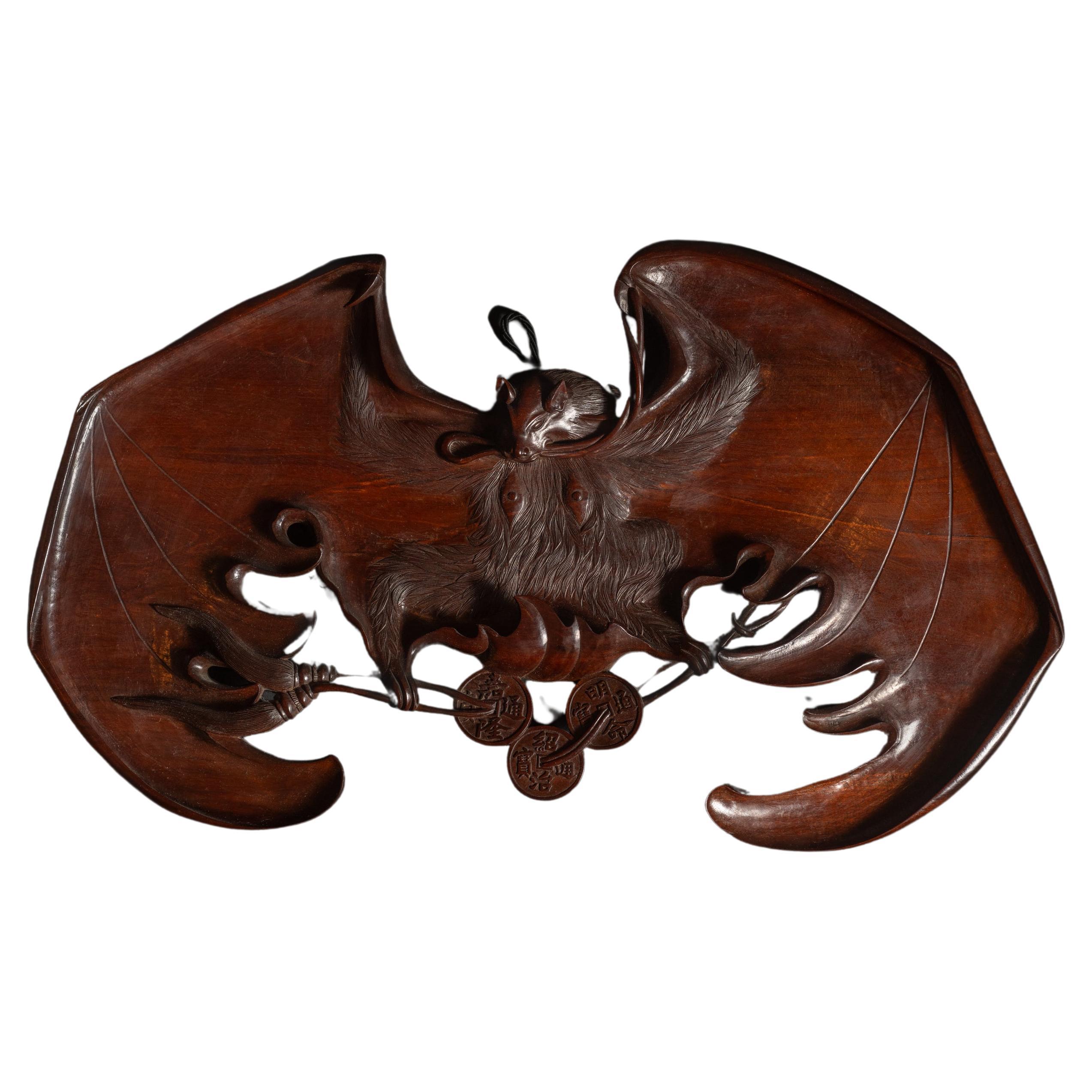 Art Nouveau Fruitwood Bat Plaque by Gabriel Viardot For Sale