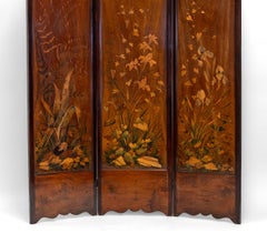 Art Nouveau Fruitwood Inlaid Botanical Panel Folding Screen Room Divider French