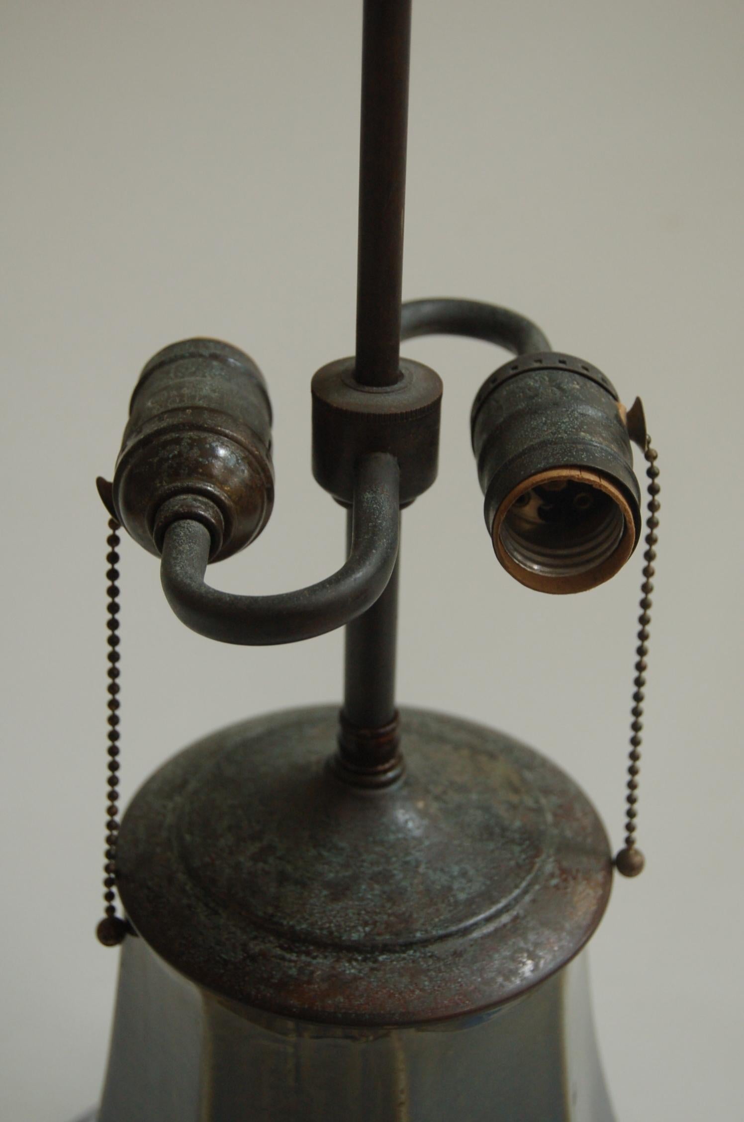 Late 20th Century Art Nouveau Fulper Style Pottery Artichoke Taple Lamp W/ Bronze Hardware For Sale