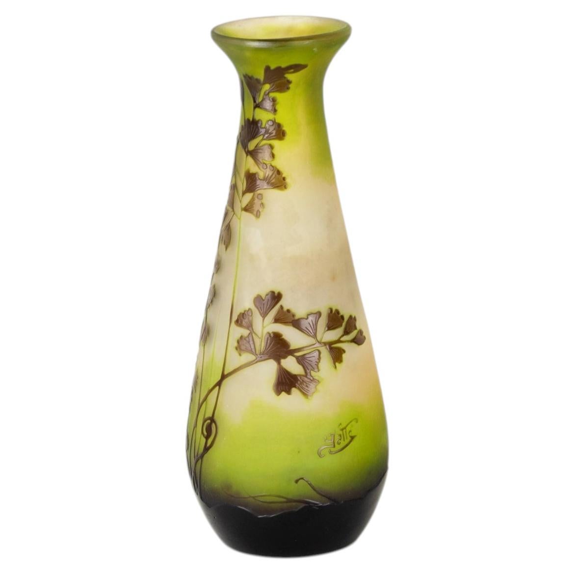 Art Nouveau Gallé Cameo Green Glass Vase, 20th Century