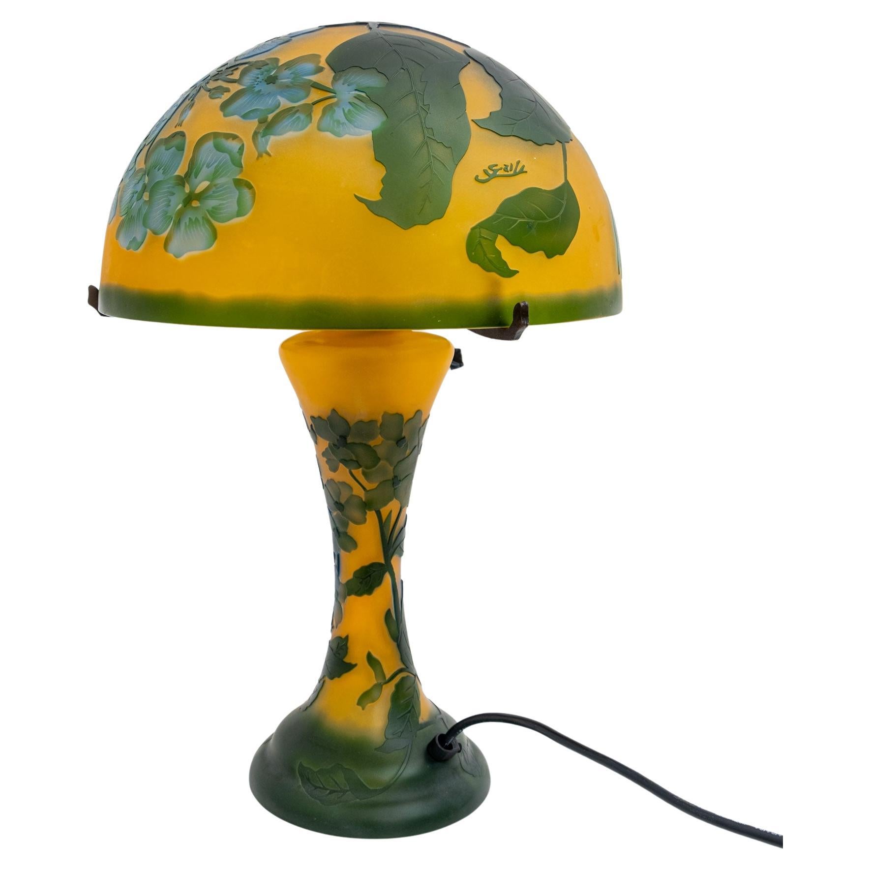 Art Nouveau Gallé Multi-Layer Glass with Flower Decor Mushroom Lamp