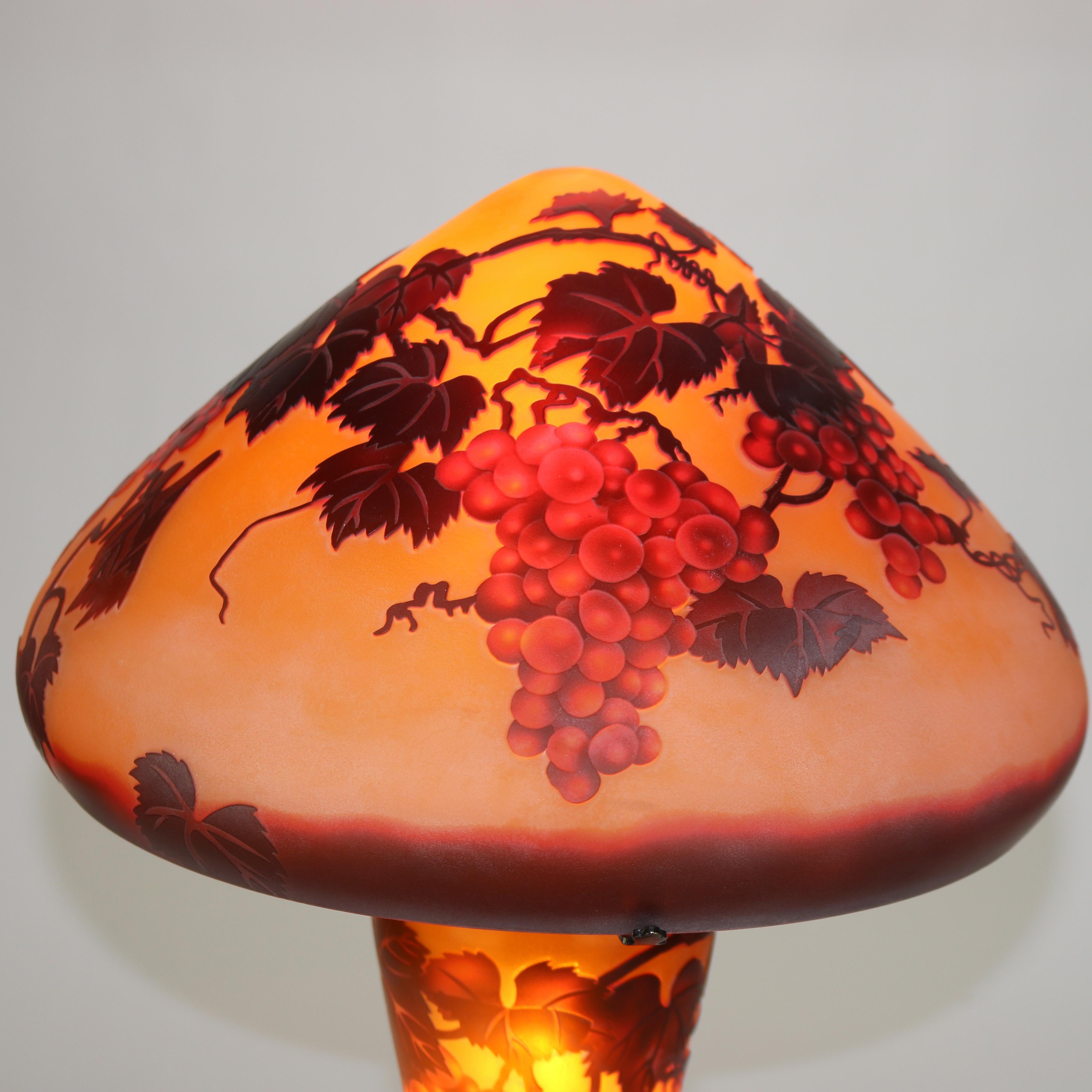 American Art Nouveau Galle School Cameo Cut Back Glass Mushroom Shade Table Lamp 20thC