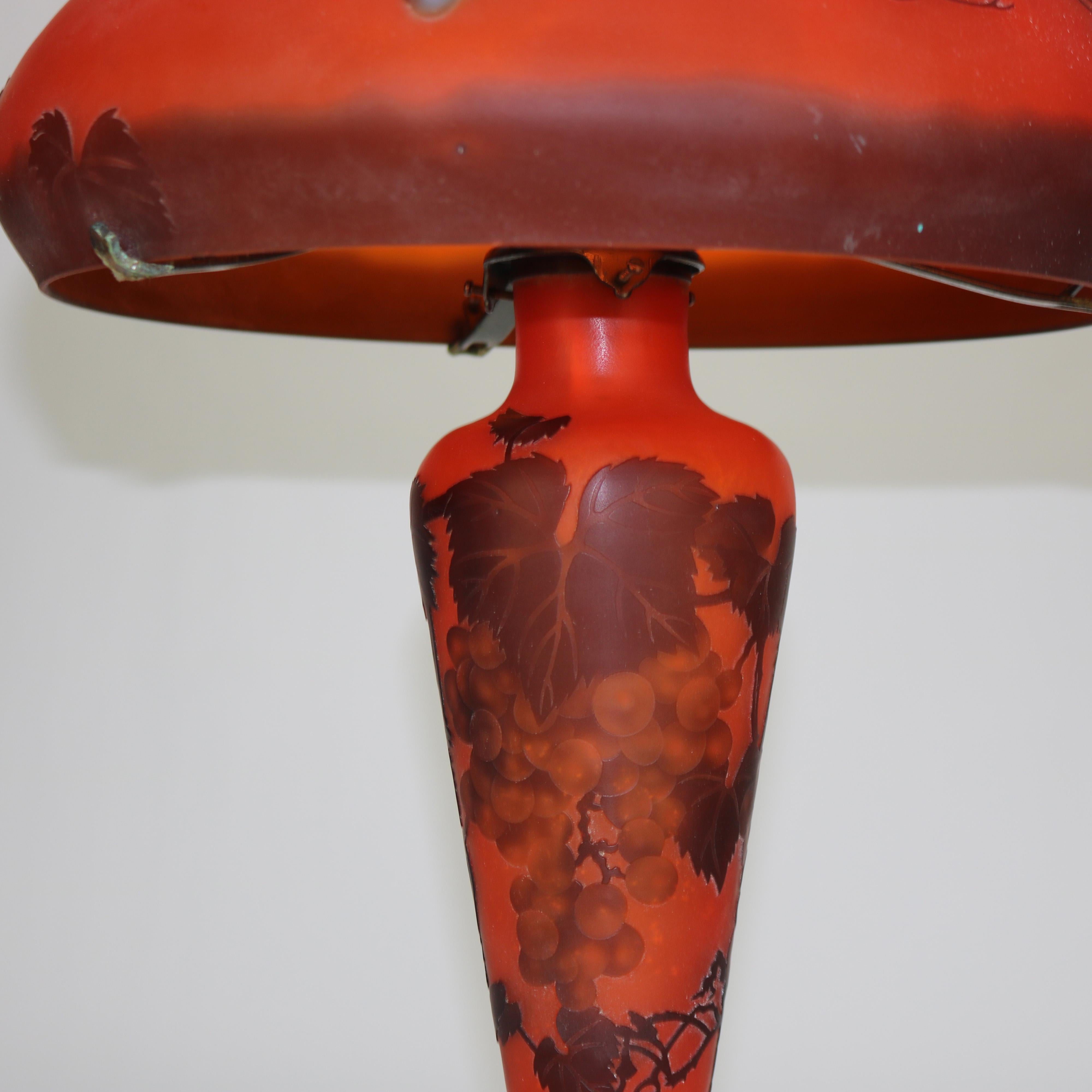 20th Century Art Nouveau Galle School Cameo Cut Back Glass Mushroom Shade Table Lamp 20thC