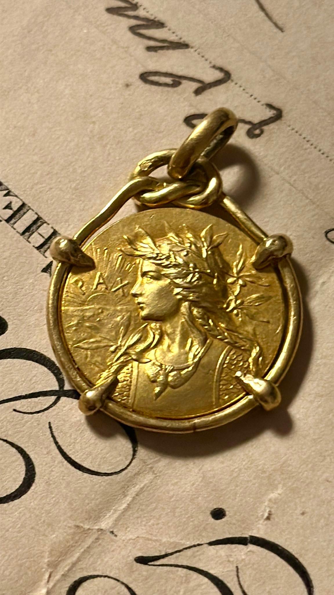 Women's or Men's Art Nouveau Gallic Rooster Pax Gallia Victrix  Double Sided Pendant 18 k Gold