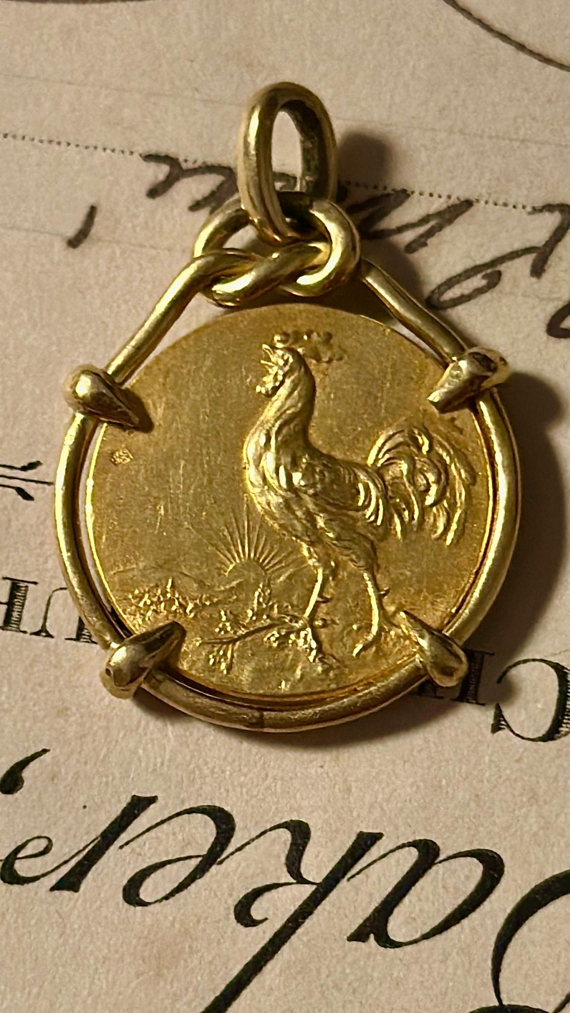 Art Nouveau Gallic Rooster Pax Gallia Victrix  Double Sided Pendant 18 k Gold 1