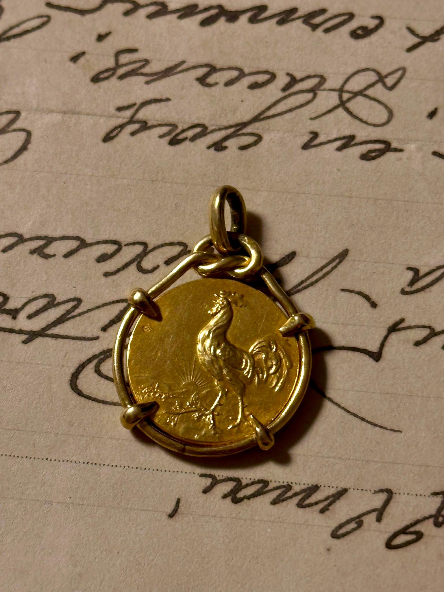 Art Nouveau Gallic Rooster Pax Gallia Victrix  Double Sided Pendant 18 k Gold 2
