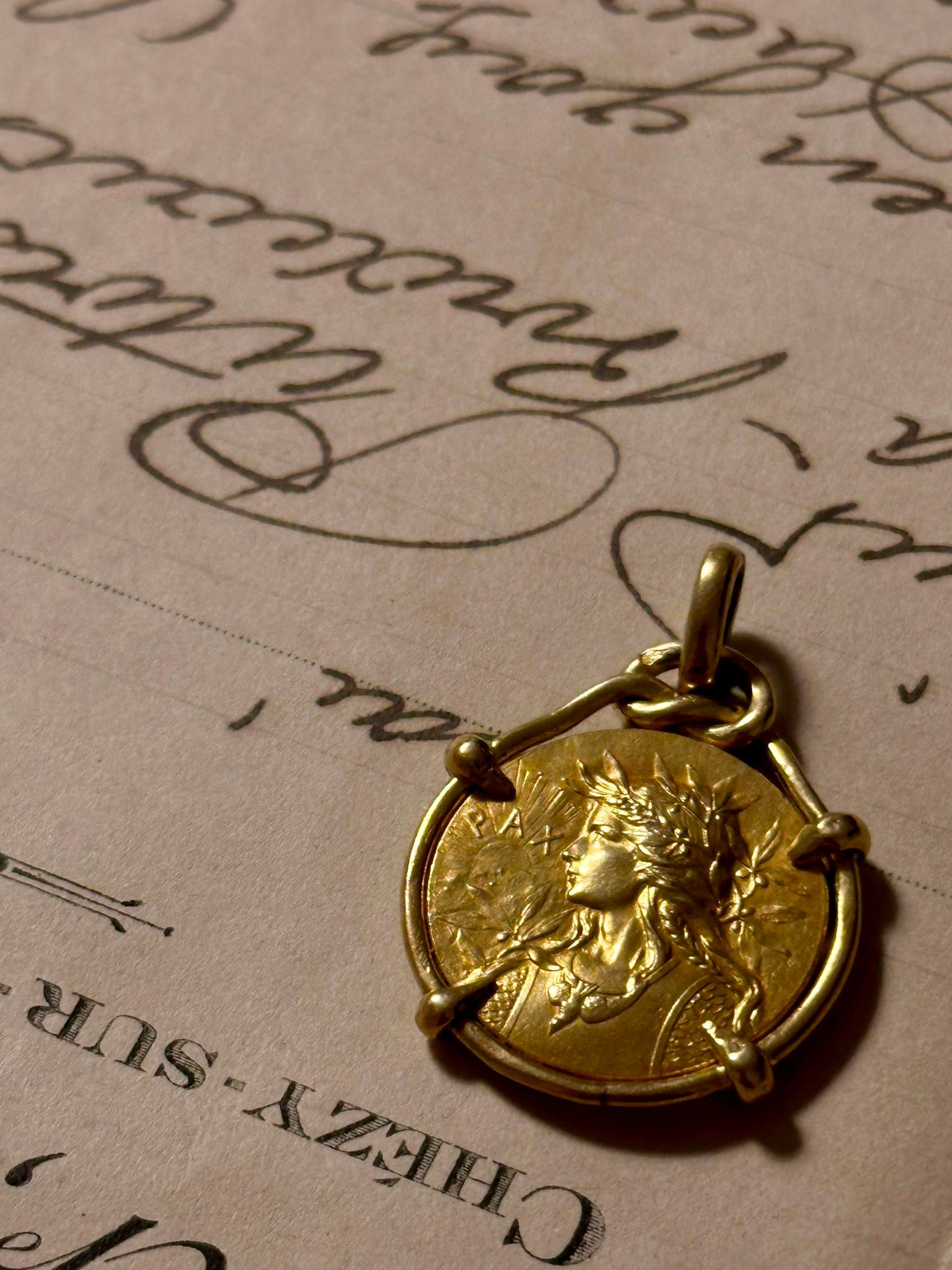 Art Nouveau Gallic Rooster Pax Gallia Victrix  Double Sided Pendant 18 k Gold 3