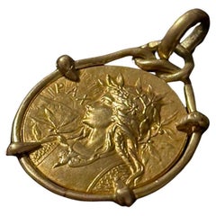 Art Nouveau Gallic Rooster Pax Gallia Victrix Double Sided Pendant 18 k Gold