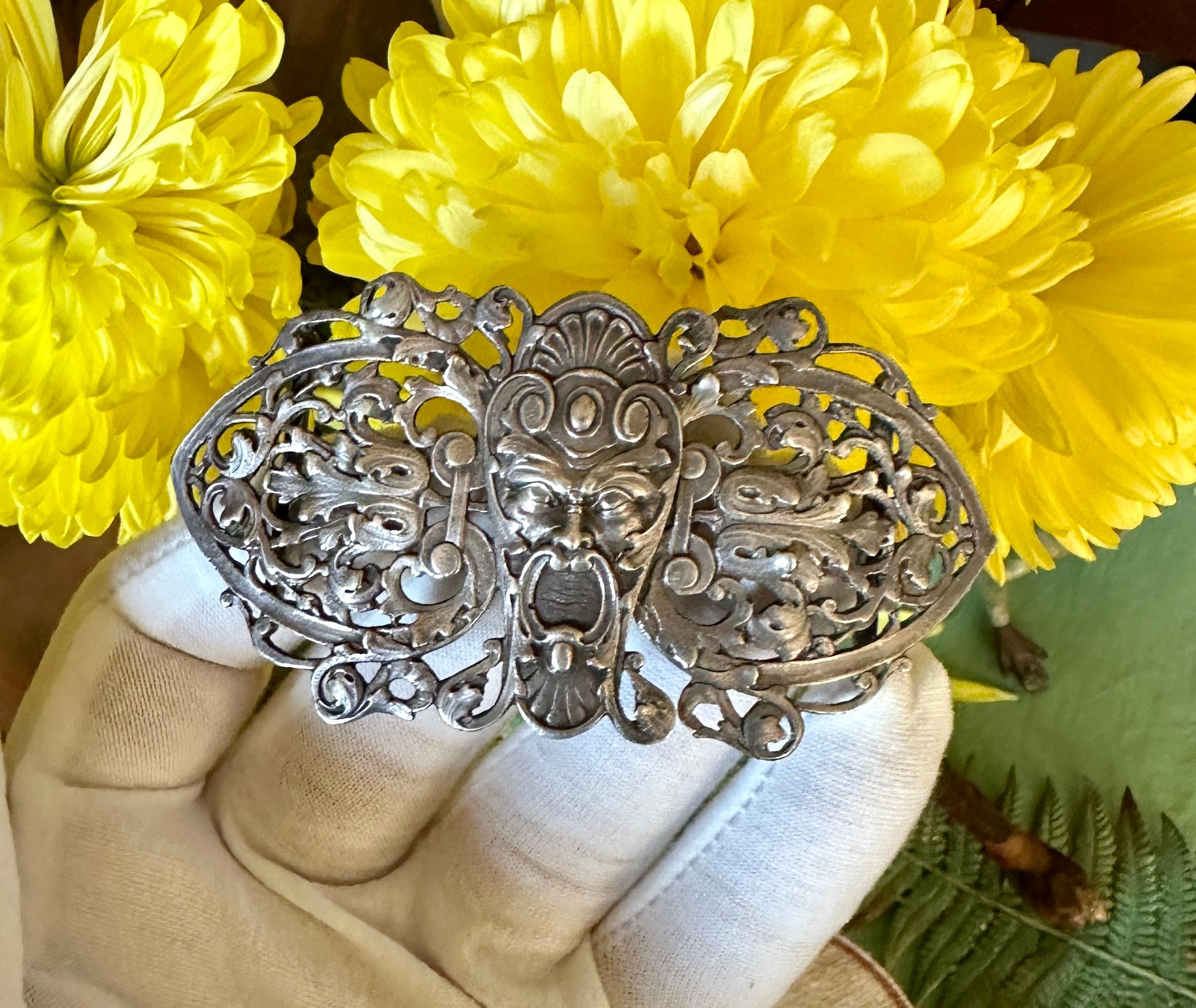 Art Nouveau Gargoyle Grotesque Buckle Belle Epoque God Sterling Silver In Excellent Condition For Sale In New York, NY
