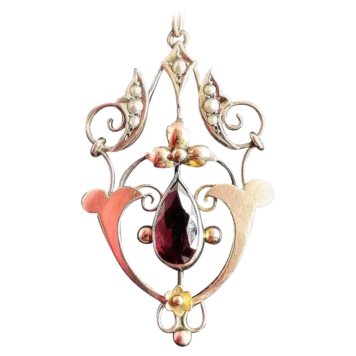 Art Nouveau Garnet and Pearl Lavalier Pendant, 9 Karat Yellow Gold