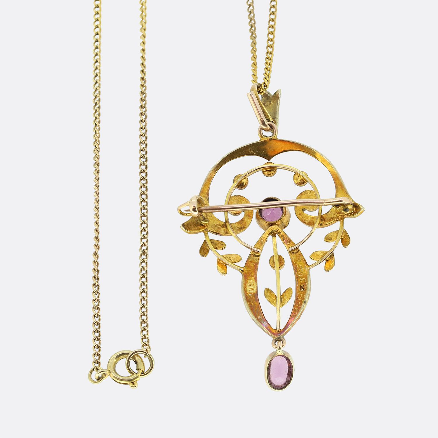 Round Cut Art Nouveau Garnet and Pearl Pendant Necklace For Sale