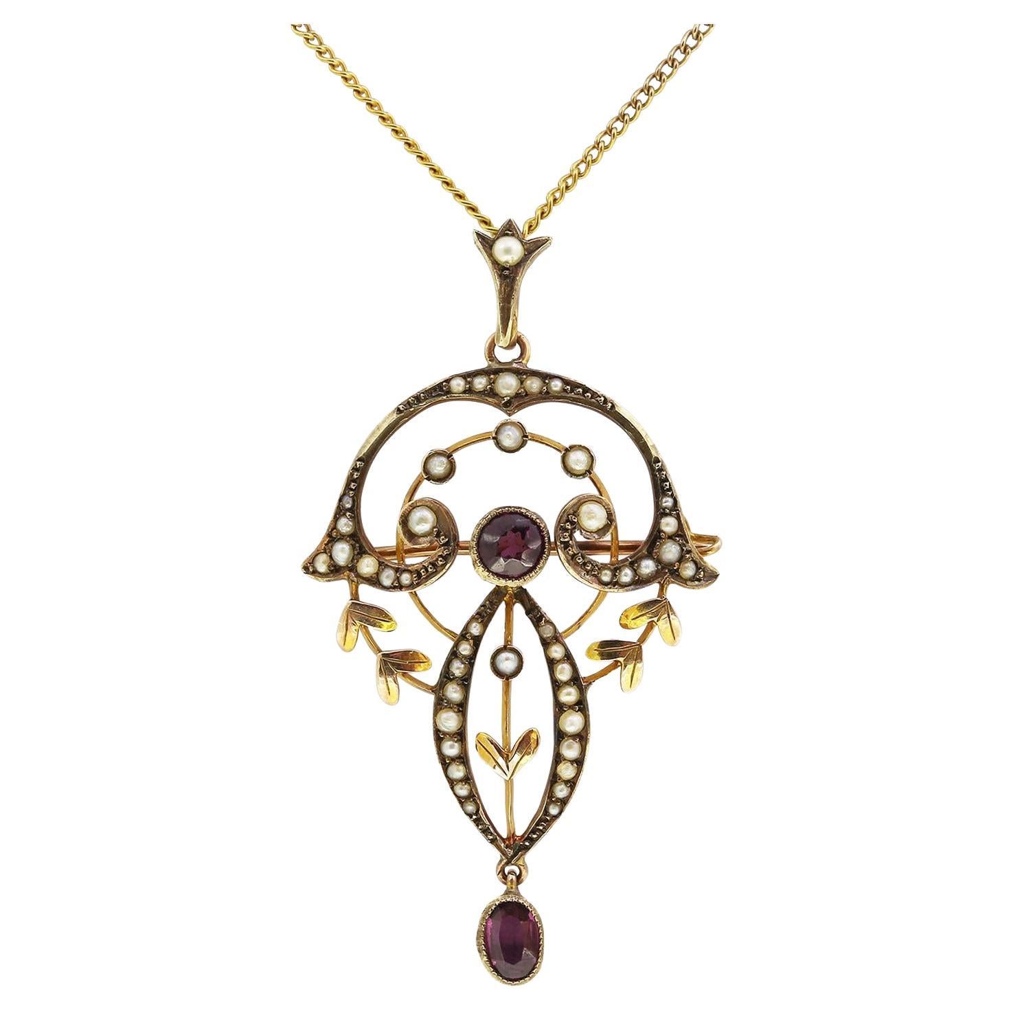 Art Nouveau Garnet and Pearl Pendant Necklace For Sale