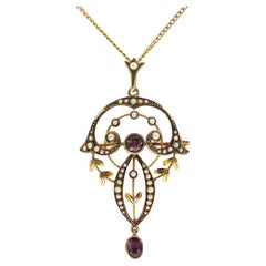 Collier à pendentifs en grenat et perles Art Nouveau