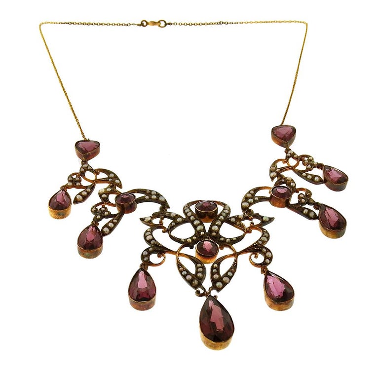 Art Nouveau Garnet and Seed Pearl Festoon Necklace For Sale at 1stDibs