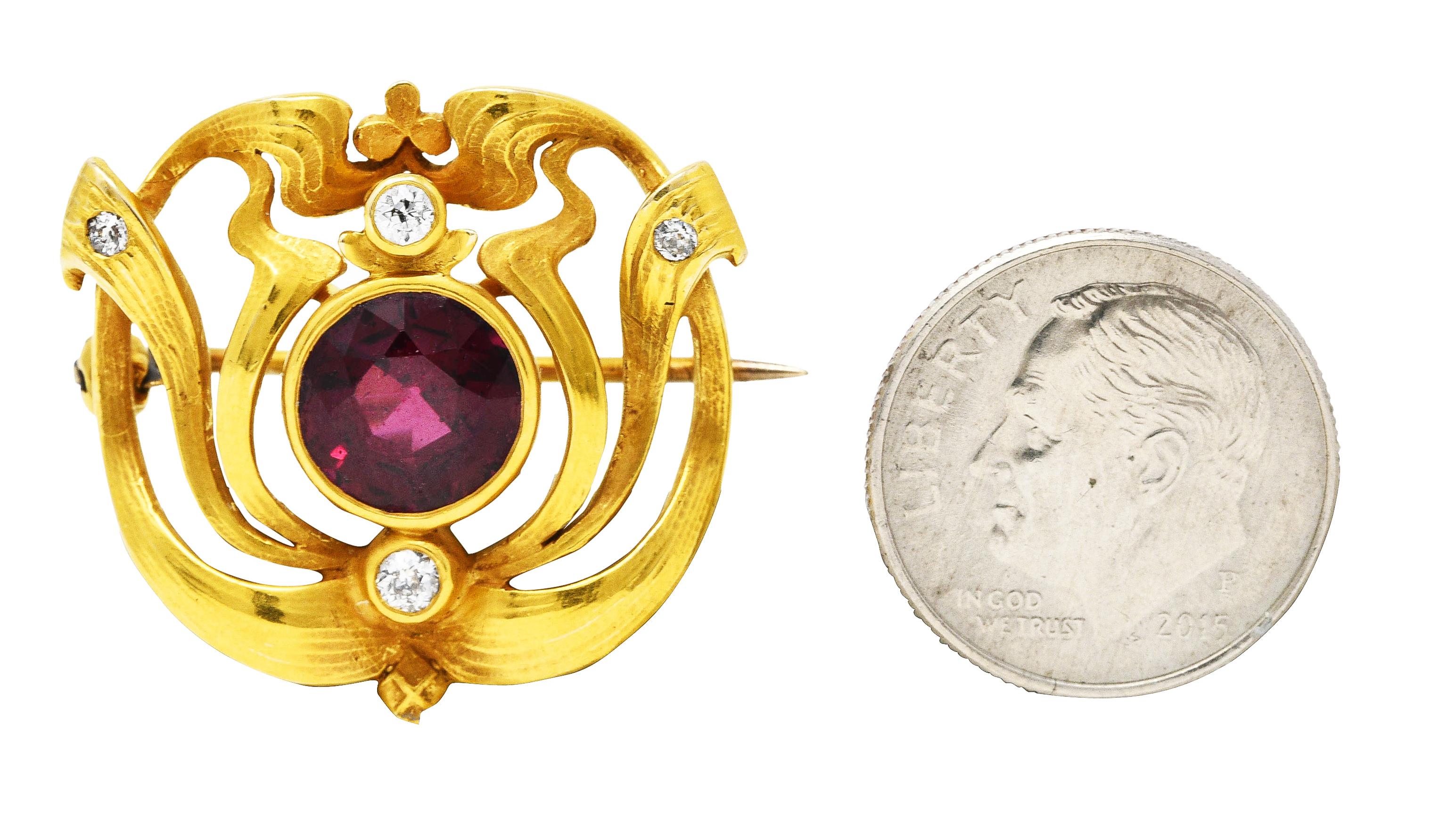 Art Nouveau Garnet Diamond 14 Karat Yellow Gold Clover Whiplash Antique Brooch 3