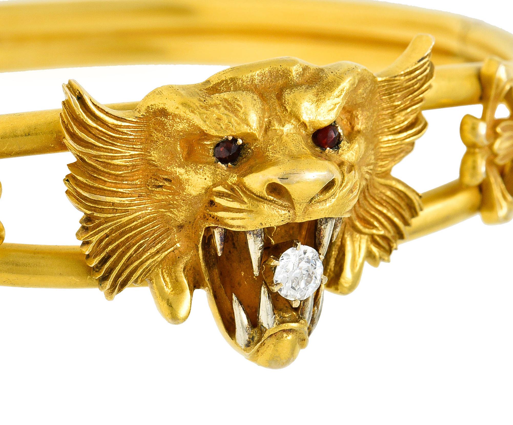 Art Nouveau Garnet Diamond 14 Karat Yellow Gold Unisex Lion Bangle Bracelet 6