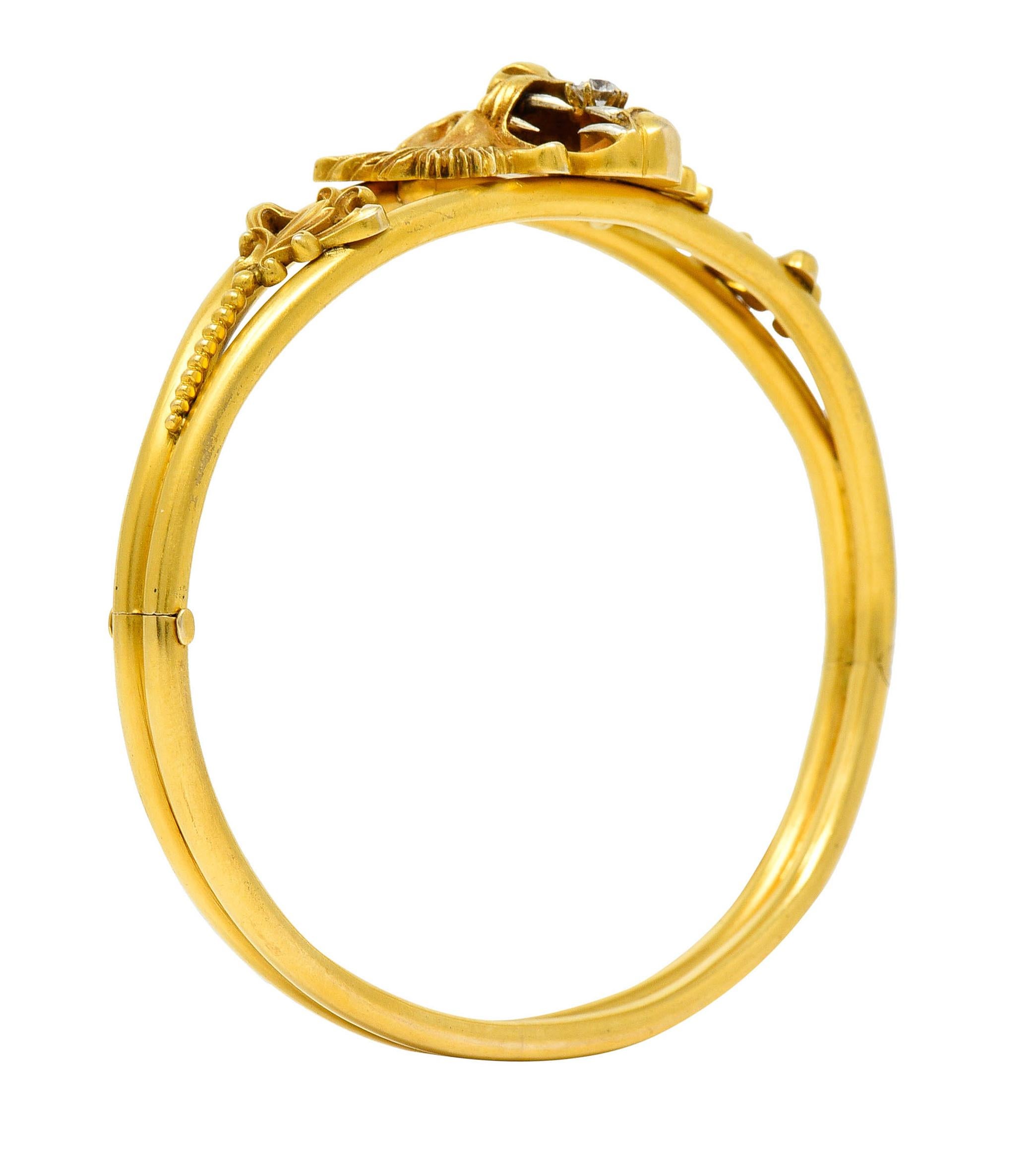 Art Nouveau Garnet Diamond 14 Karat Yellow Gold Unisex Lion Bangle Bracelet 9