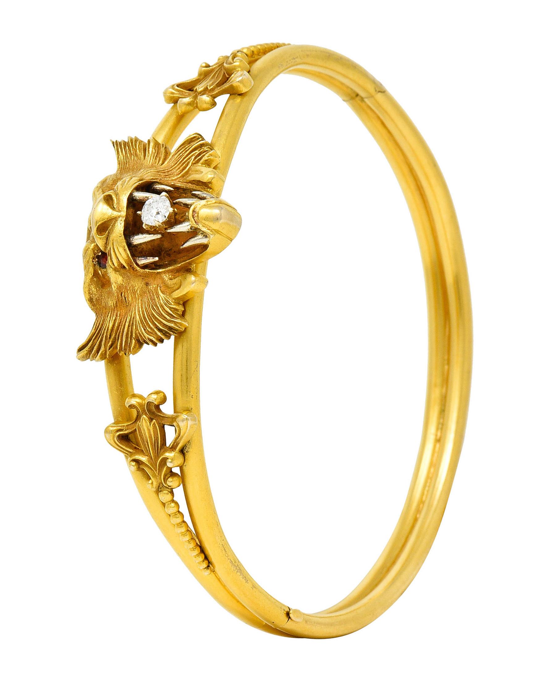 Art Nouveau Garnet Diamond 14 Karat Yellow Gold Unisex Lion Bangle Bracelet 10