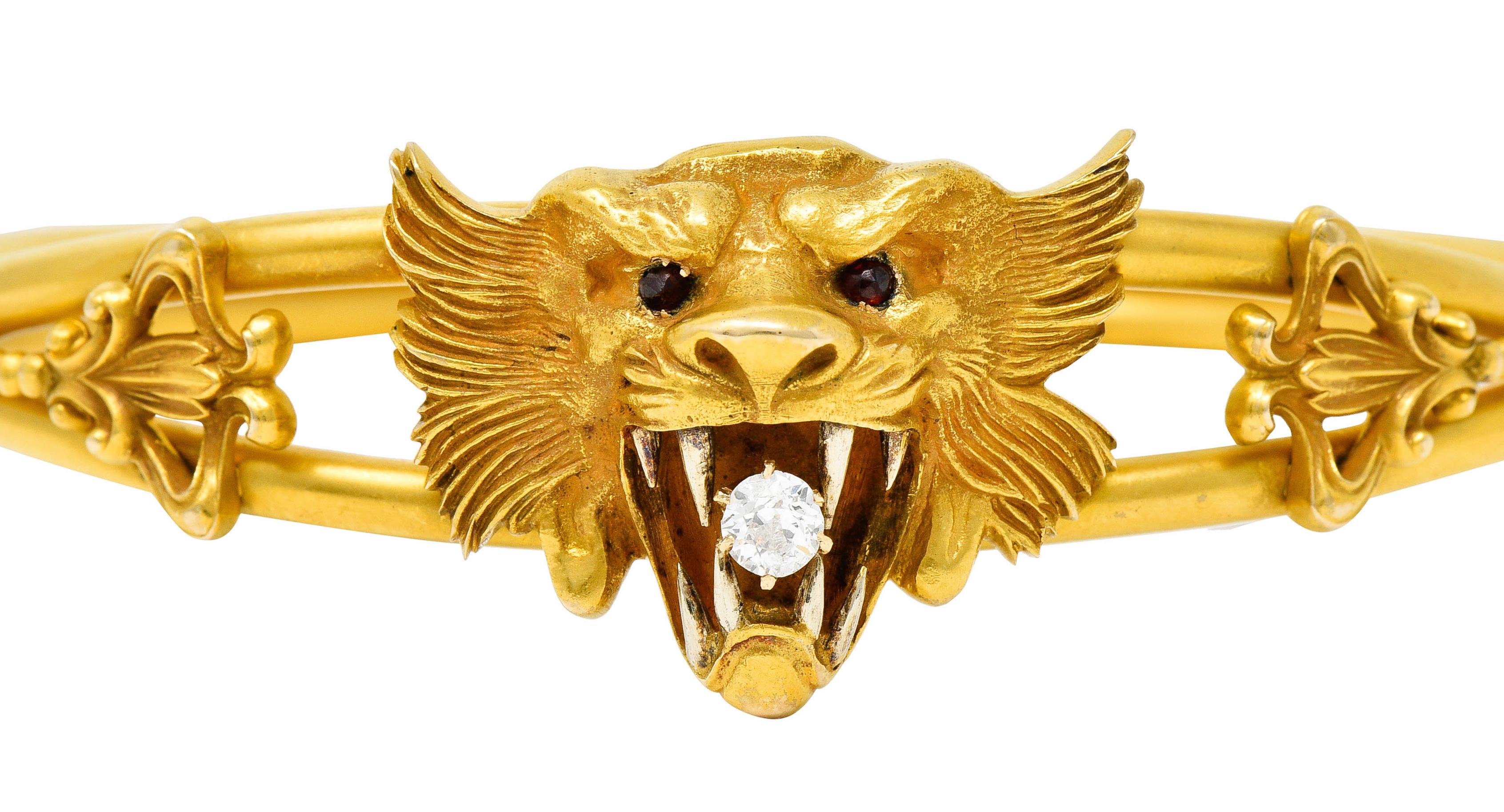 Art Nouveau Garnet Diamond 14 Karat Yellow Gold Unisex Lion Bangle Bracelet 11