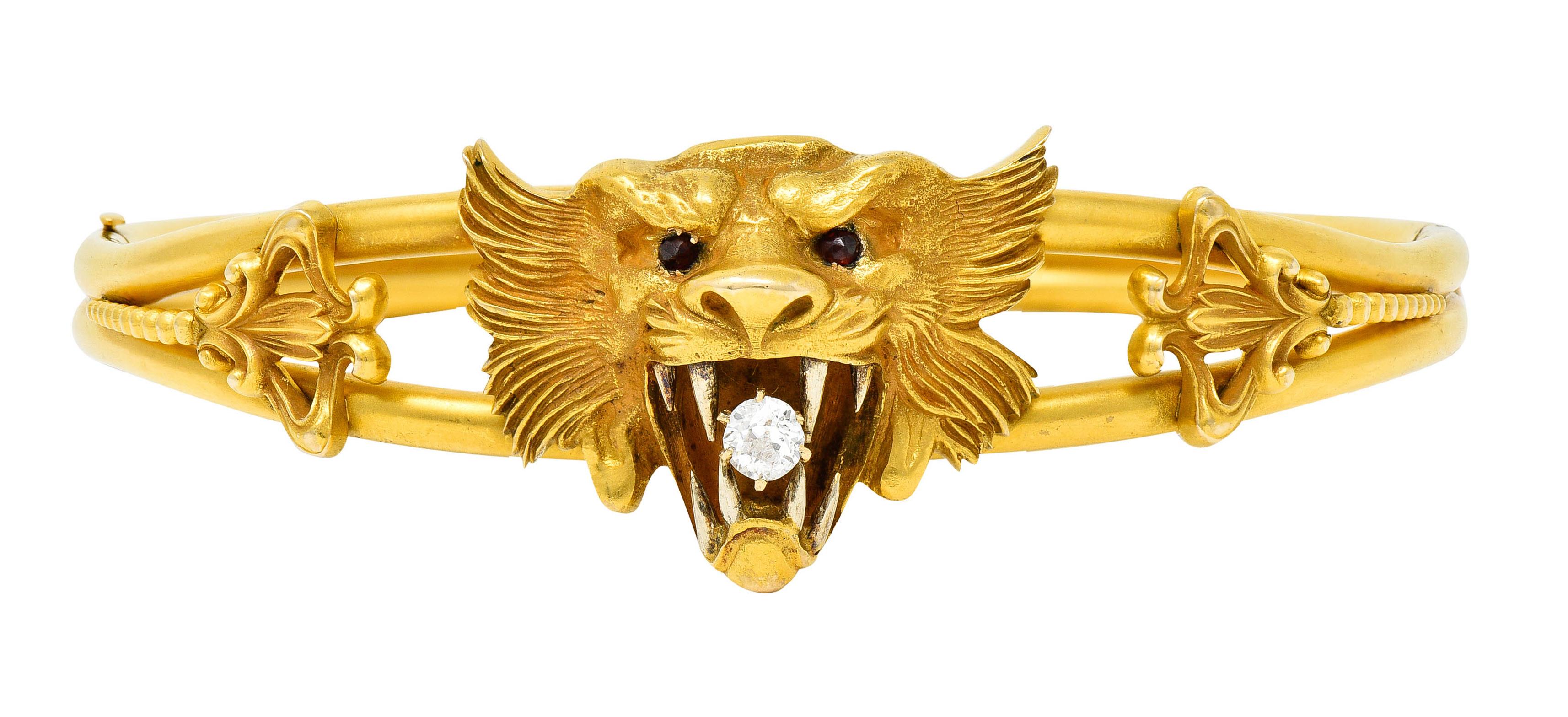 Rose Cut Art Nouveau Garnet Diamond 14 Karat Yellow Gold Unisex Lion Bangle Bracelet