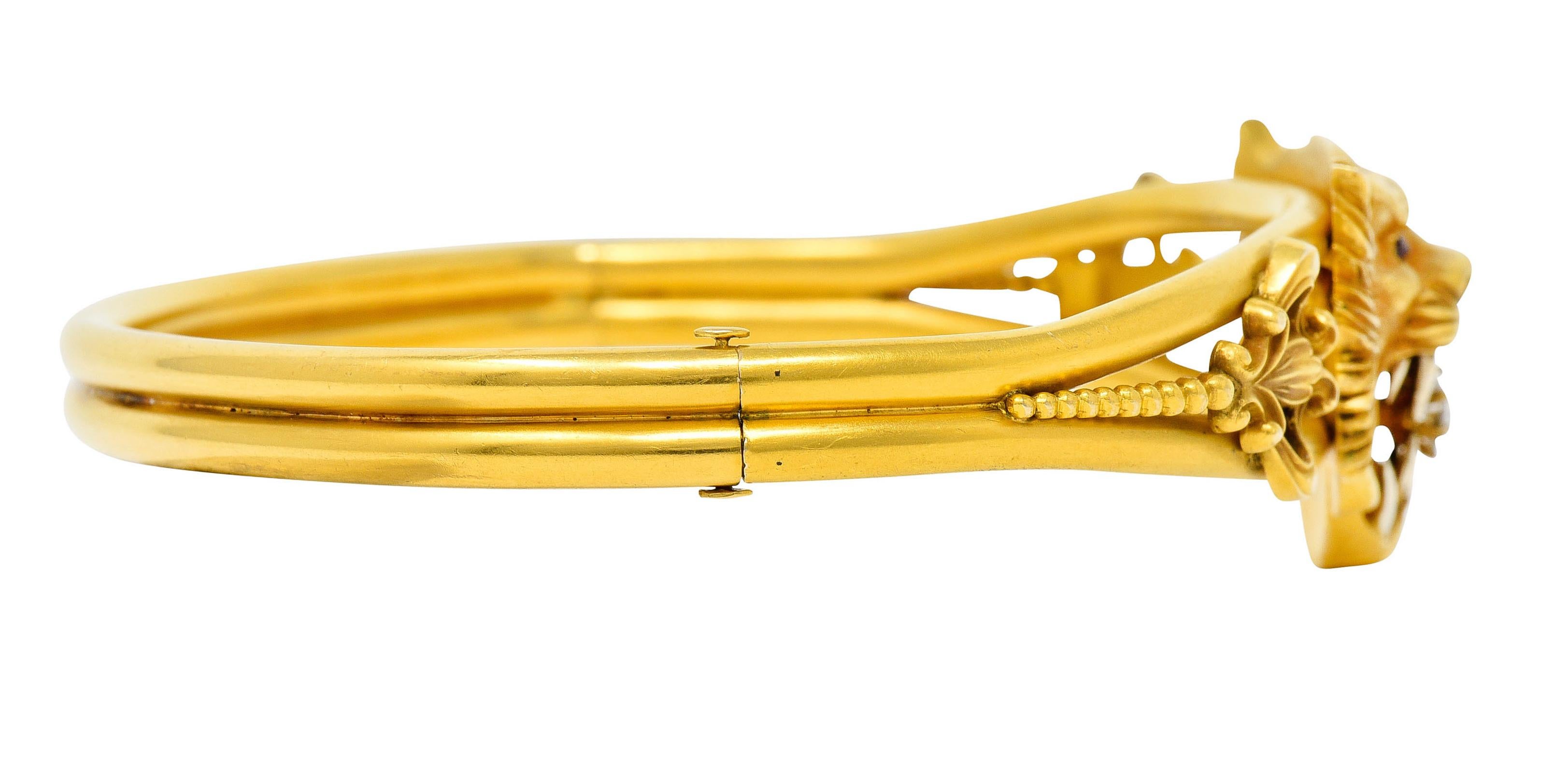 Art Nouveau Garnet Diamond 14 Karat Yellow Gold Unisex Lion Bangle Bracelet 2