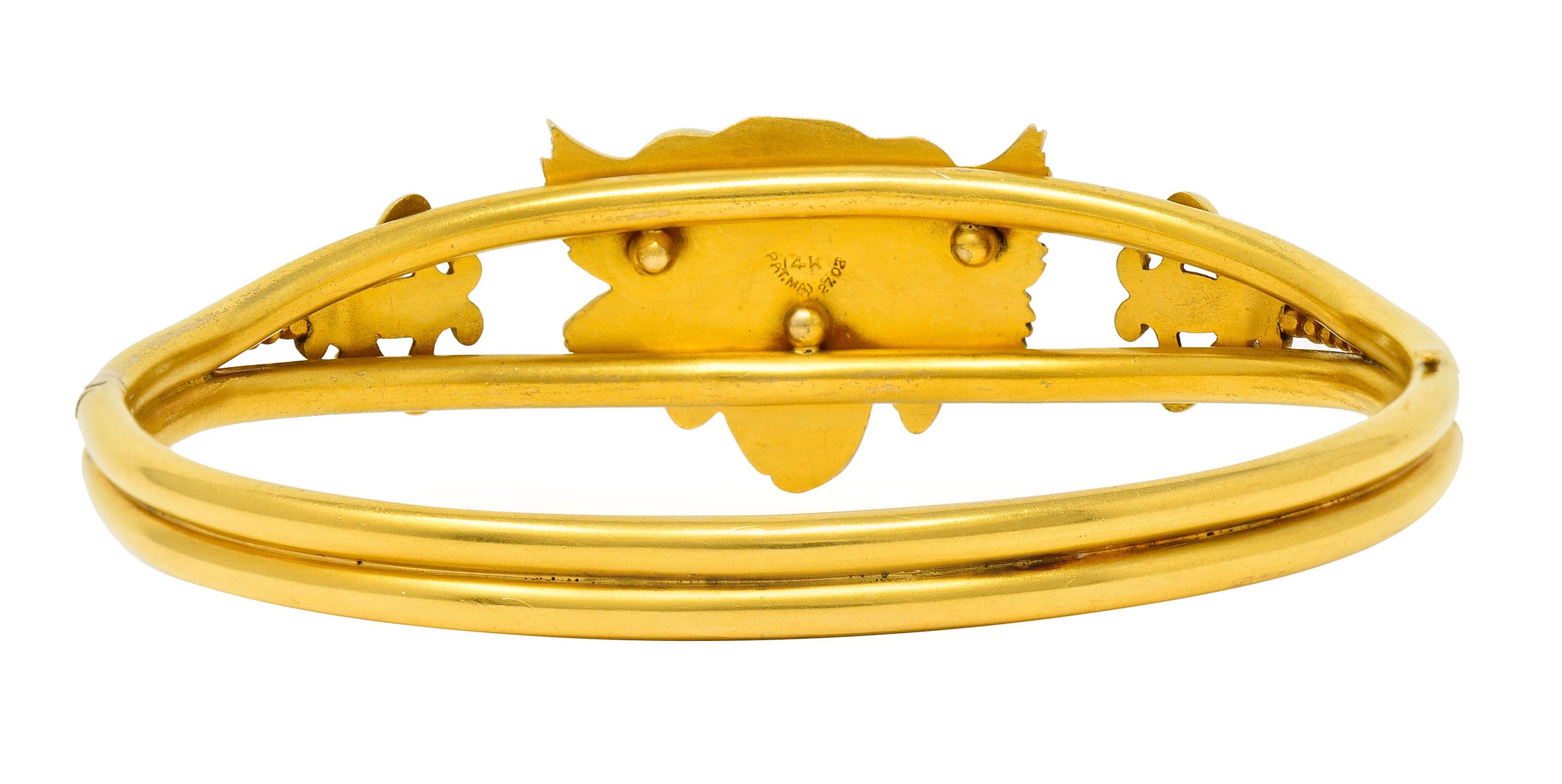 Art Nouveau Garnet Diamond 14 Karat Yellow Gold Unisex Lion Bangle Bracelet 3