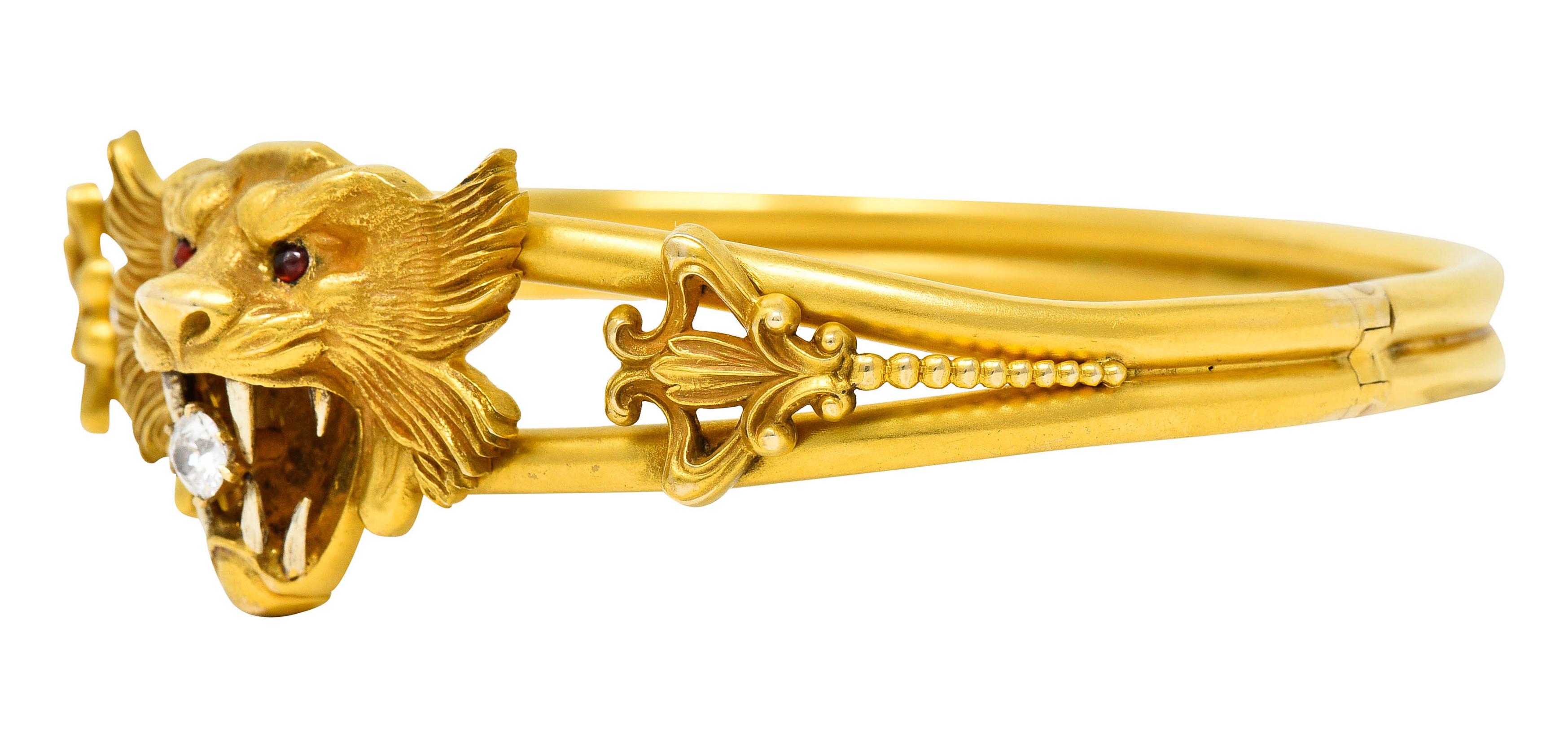 Art Nouveau Garnet Diamond 14 Karat Yellow Gold Unisex Lion Bangle Bracelet 5