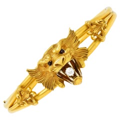 Art Nouveau Garnet Diamond 14 Karat Yellow Gold Unisex Lion Bangle Bracelet