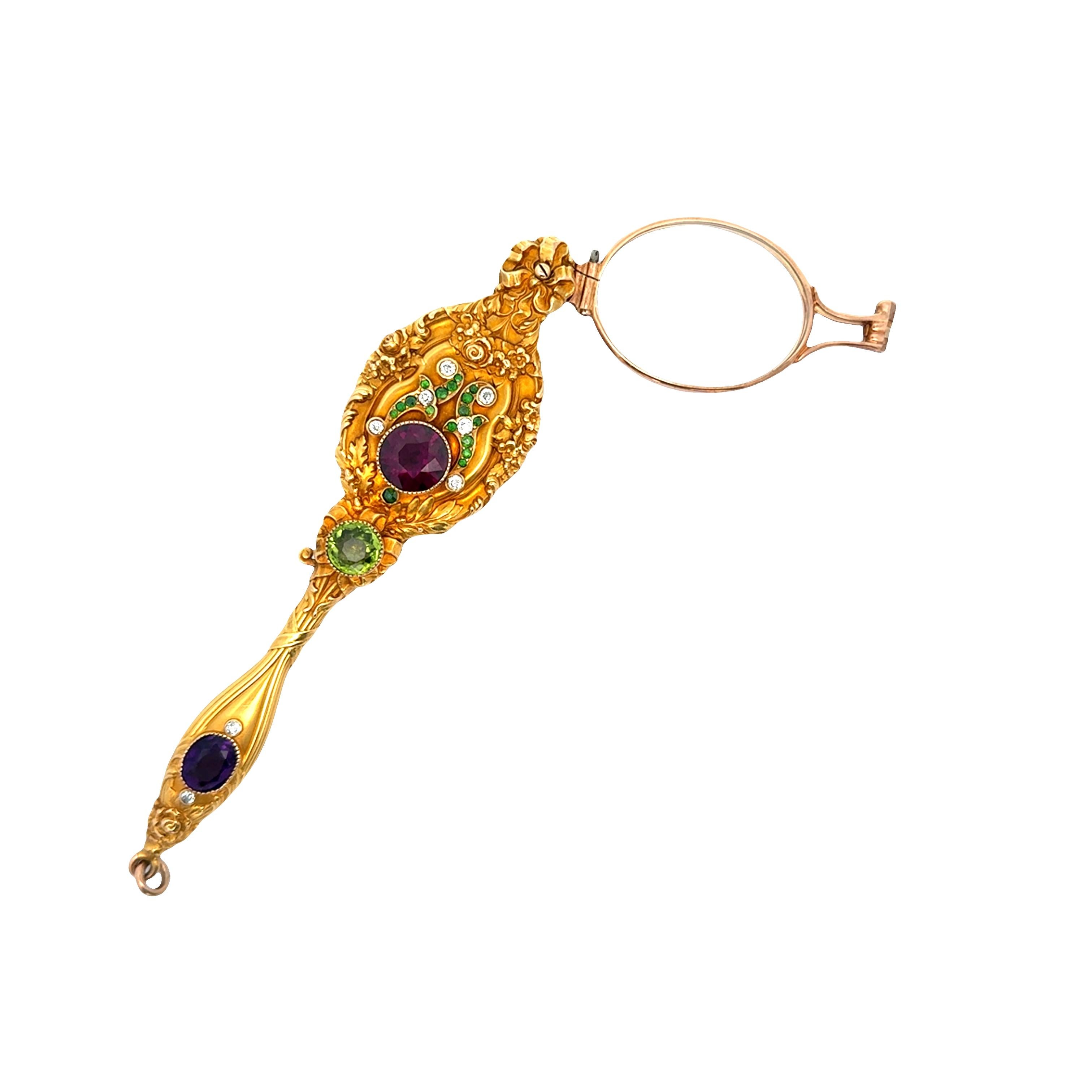 Art Nouveau Garnet Peridot Amethyst Diamond 14k Yellow Lorgnette Pendant en venta 1