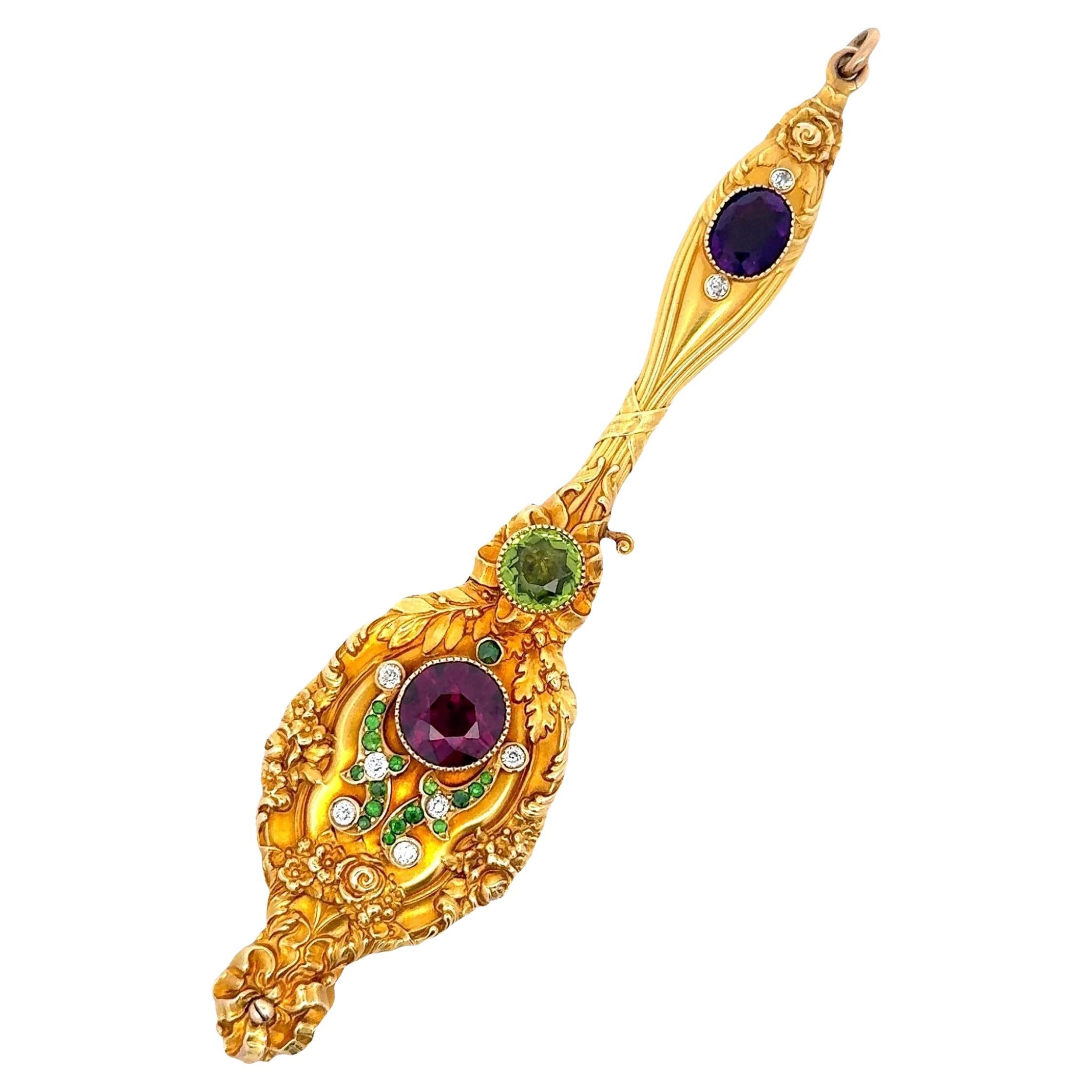 Art Nouveau Garnet Peridot Amethyst Diamond 14k Yellow Lorgnette Pendant