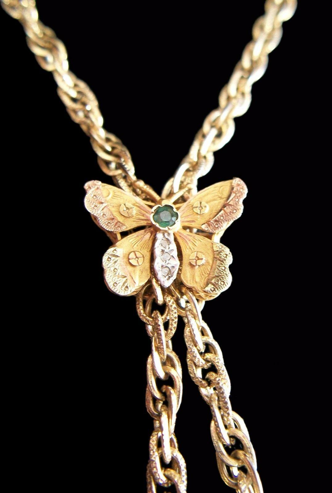 Art Nouveau Gem Set 18K Tri-Color Gold Butterfly Necklace Slide, France, C. 1900 In Good Condition For Sale In Chatham, CA