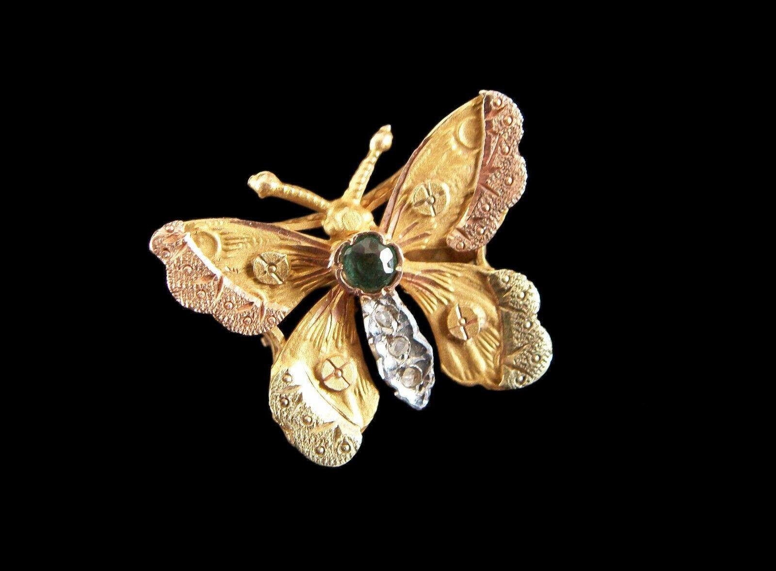 Art Nouveau Gem Set 18K Tri-Color Gold Butterfly Necklace Slide, France, C. 1900 For Sale 1