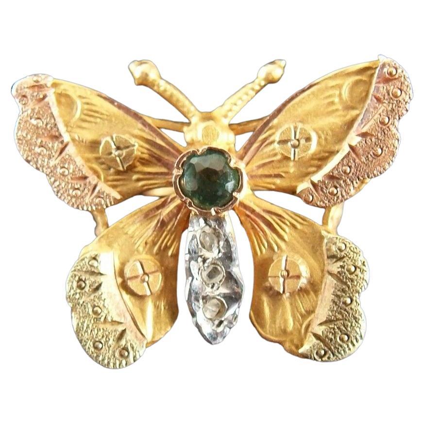 Art Nouveau Gem Set 18K Tri-Color Gold Butterfly Necklace Slide, France, C. 1900 For Sale