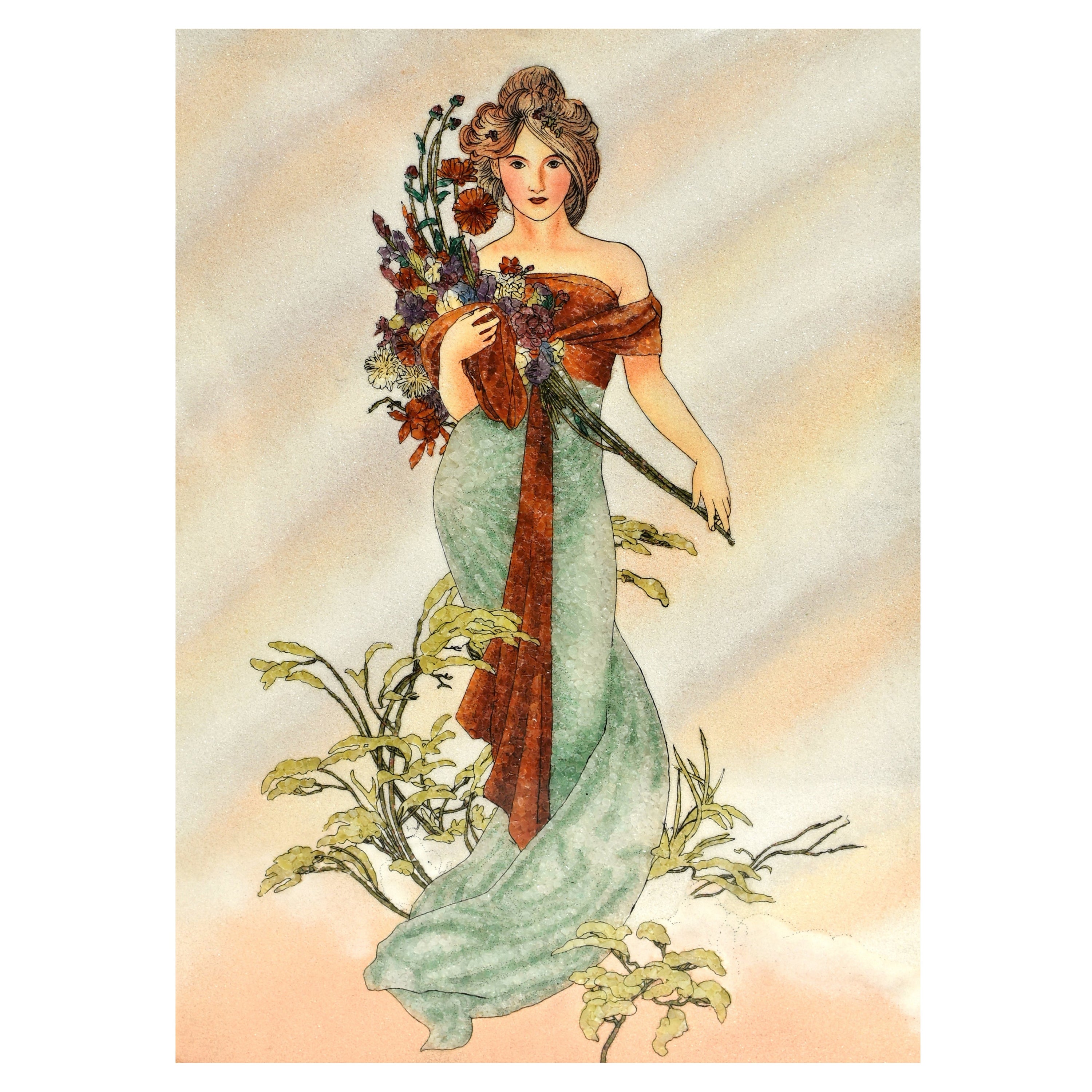 Art Nouveau Gemstone Painting after Alphonse Mucha Spring