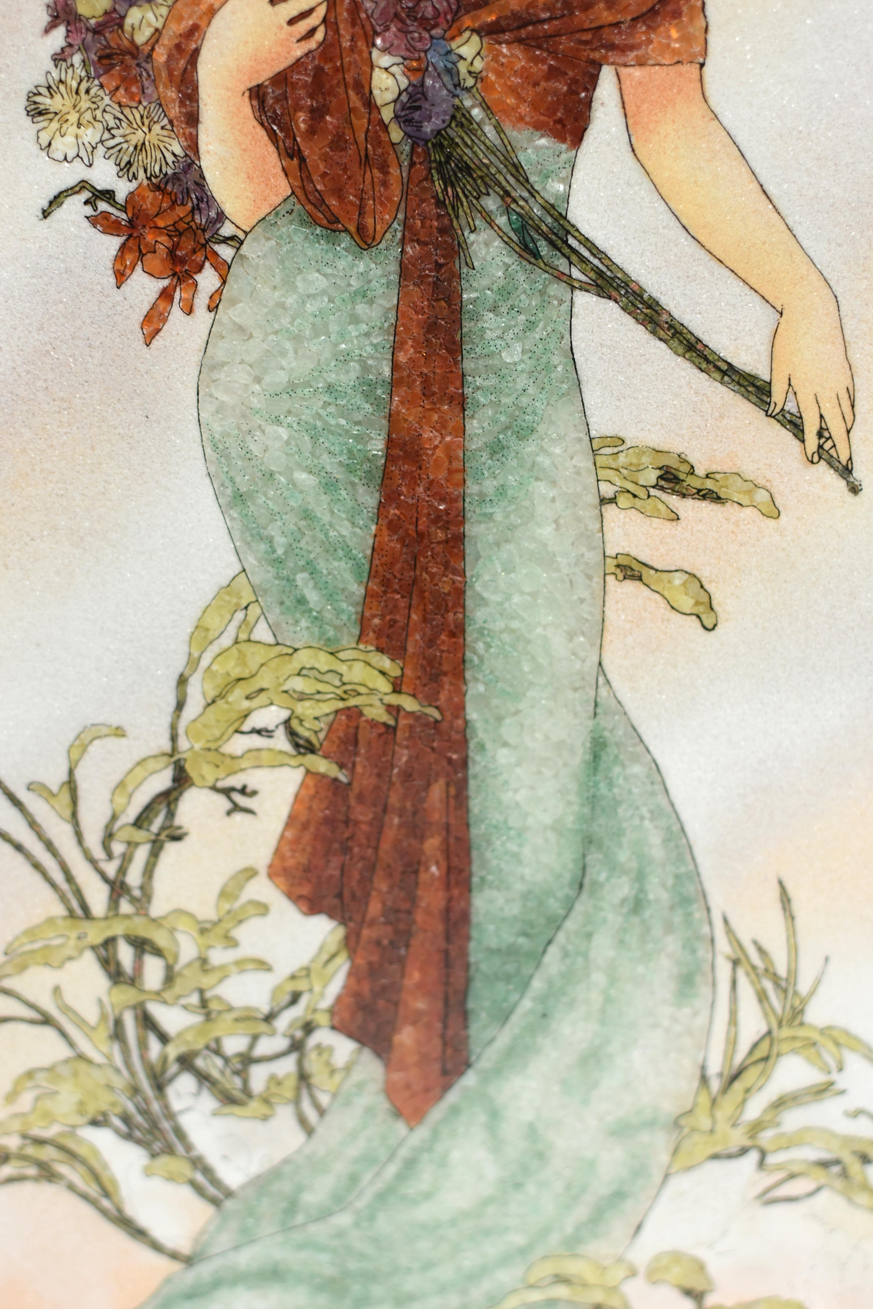 Peinture Art Nouveau en pierre précieuse représentant une déesse du printemps Bon état - En vente à Somis, CA