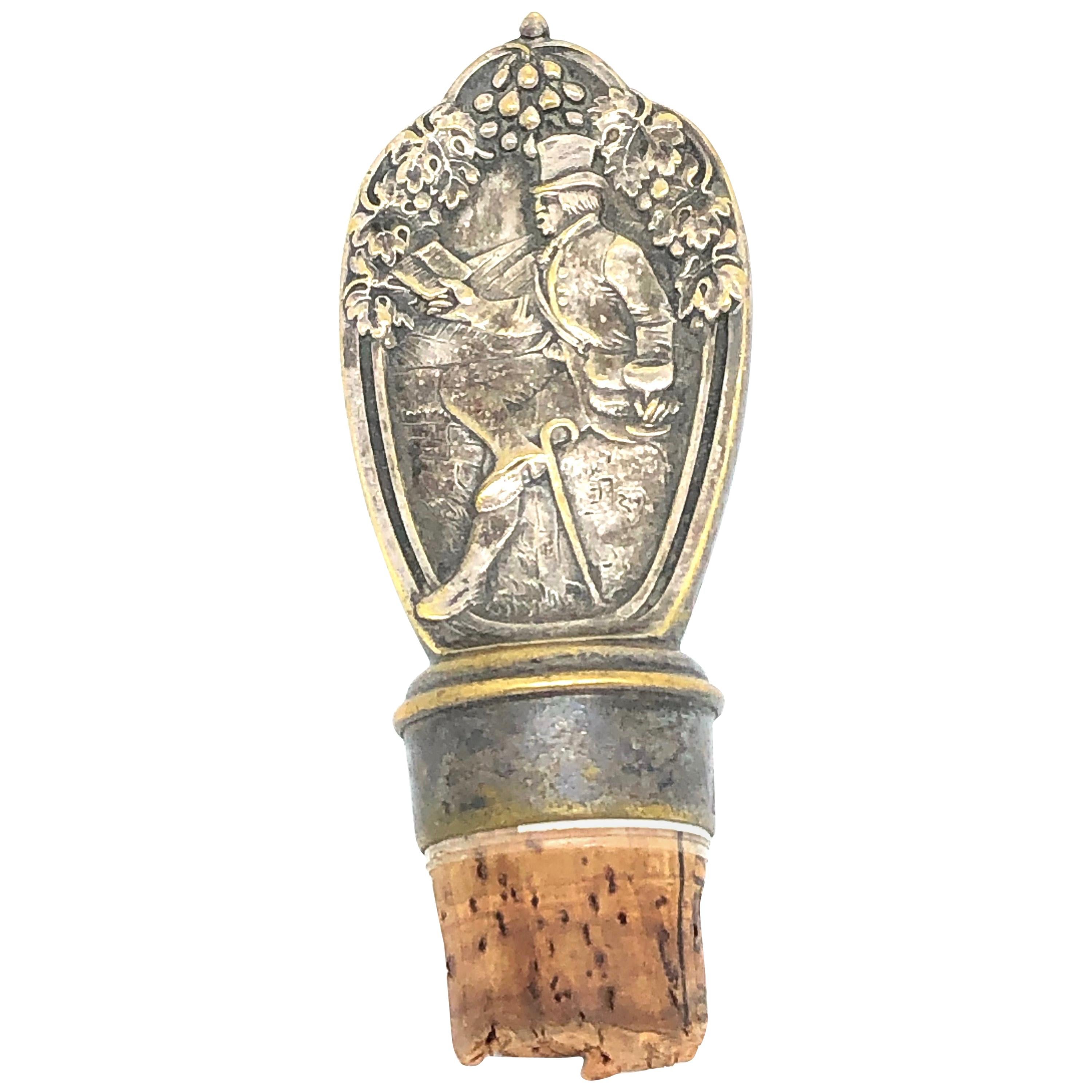 Art Nouveau Gentleman Portrait Metal Wine Decanter Bottle Stopper & Cork, German